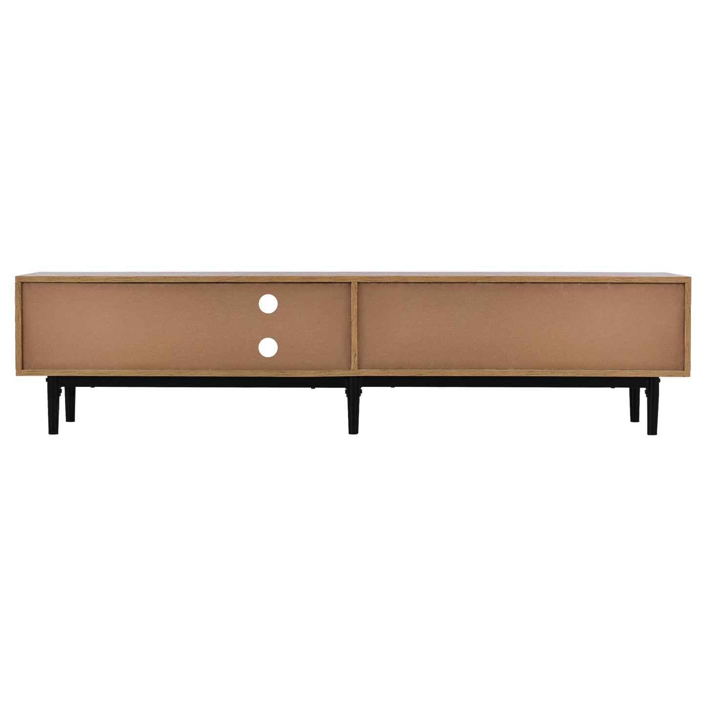 Modern oak media console with black metal legs and two cable management holes
