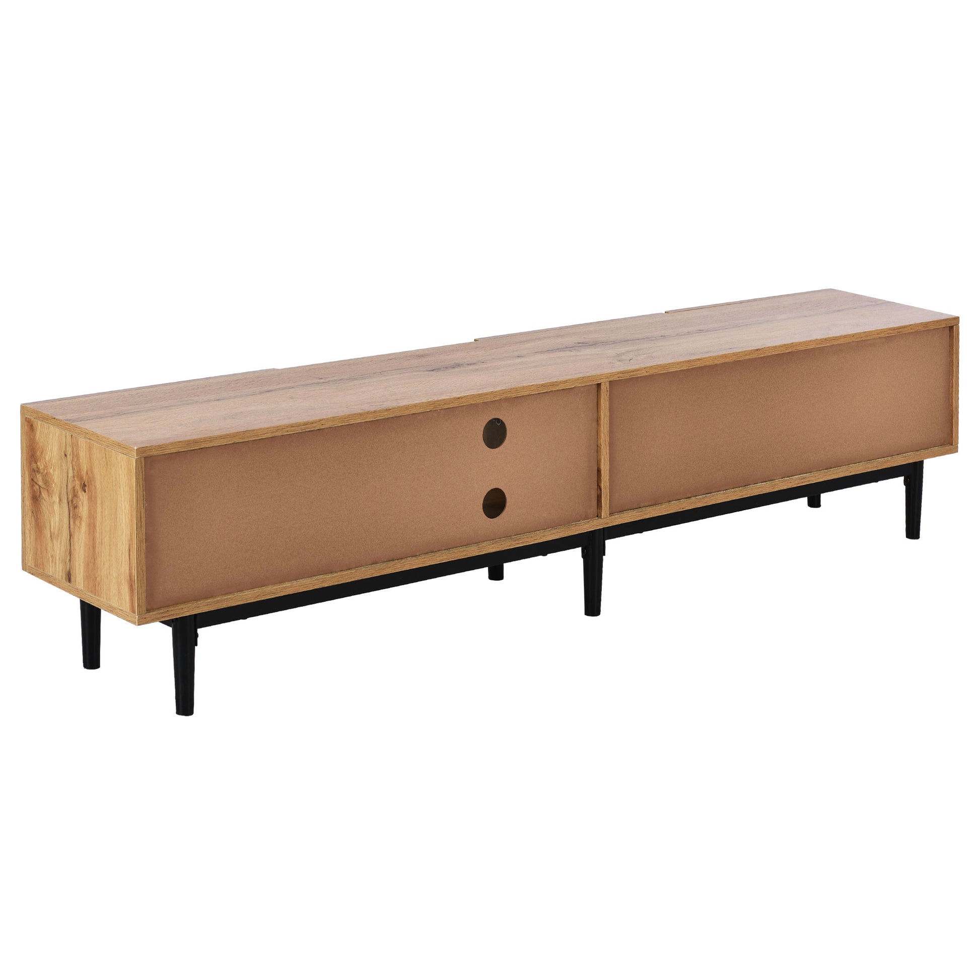 Midcentury modern wood entertainment center with two compartments and black tapered legs