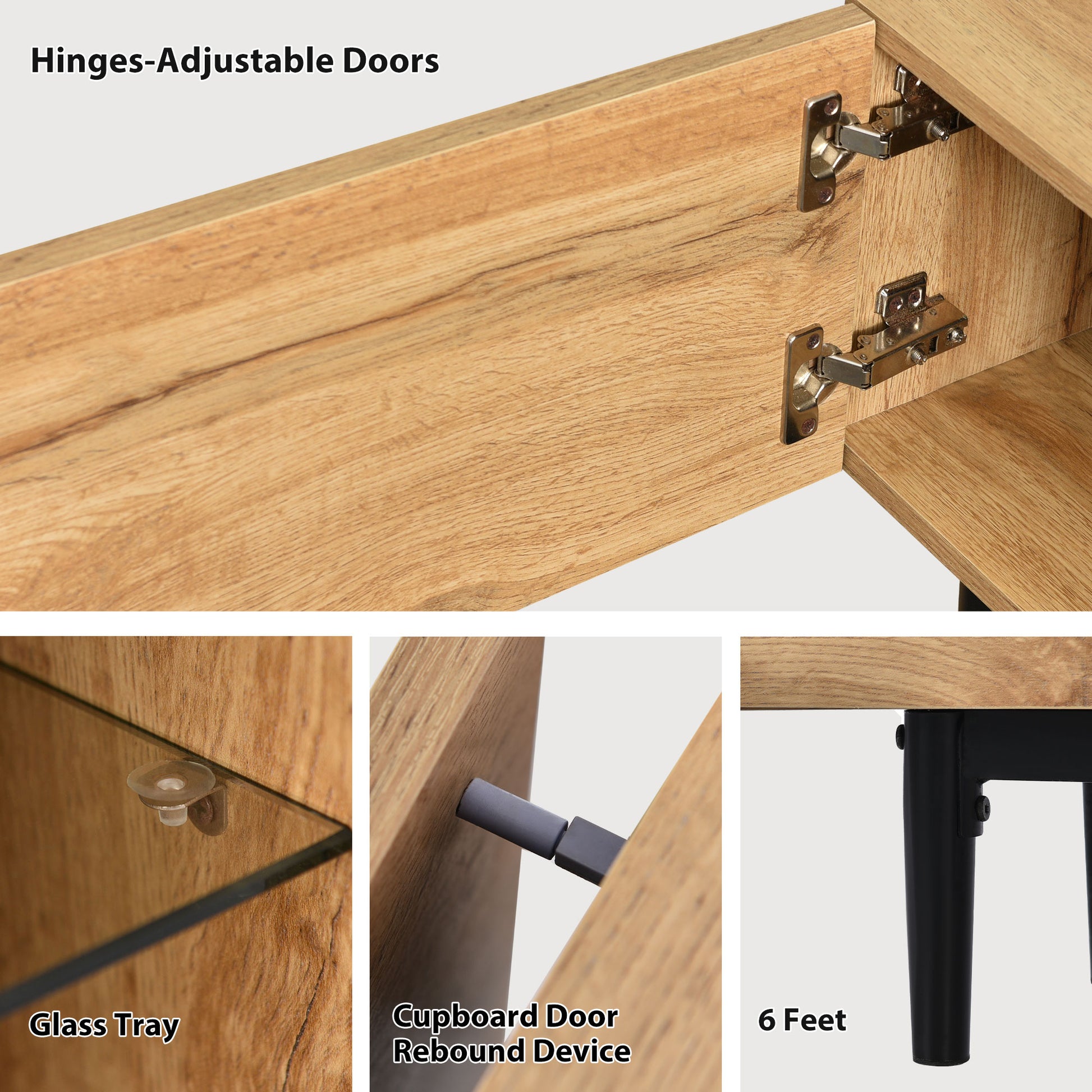 Closeup of adjustable door hinges on a light wood cabinet