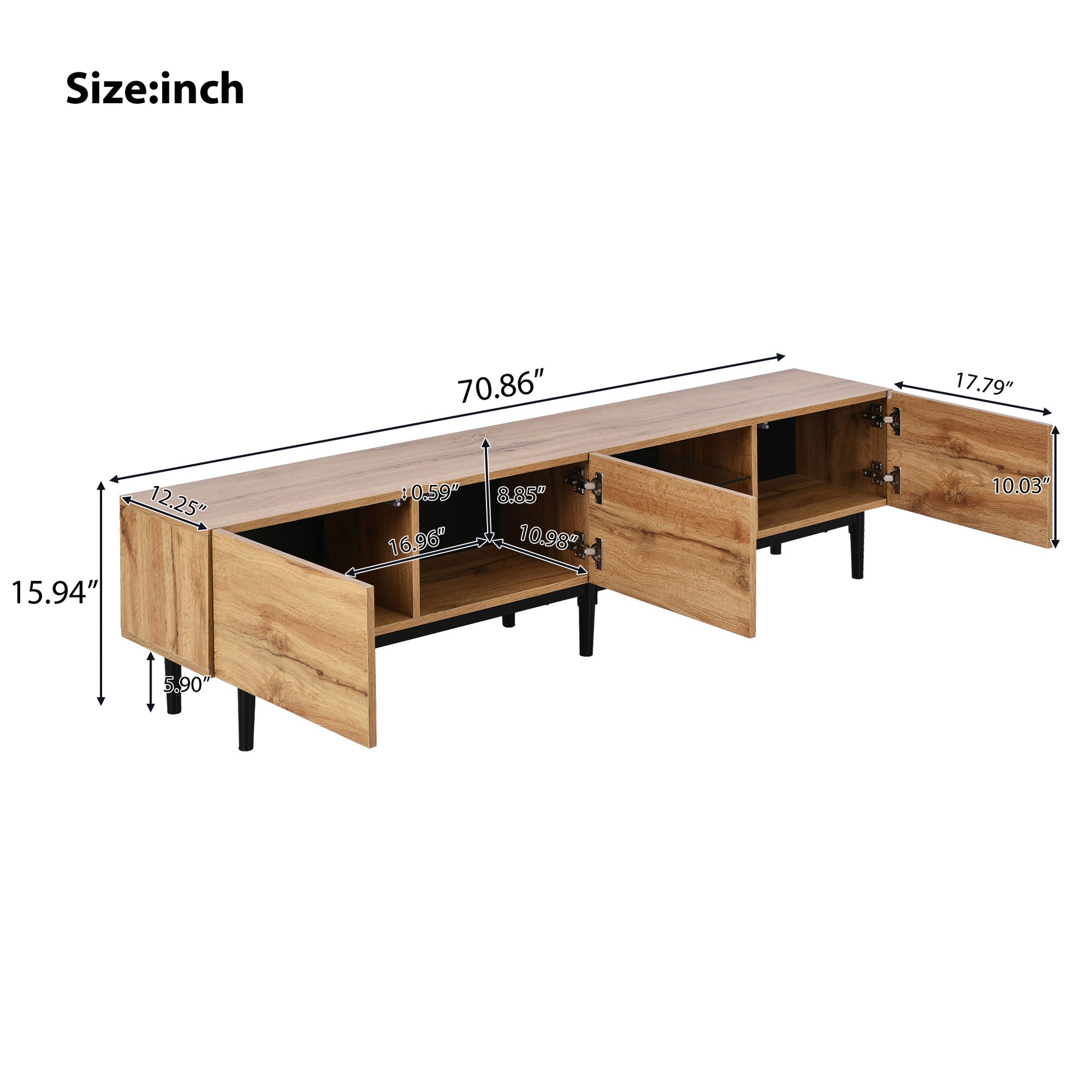 Modern wood TV stand with open shelving and cabinet doors  length
