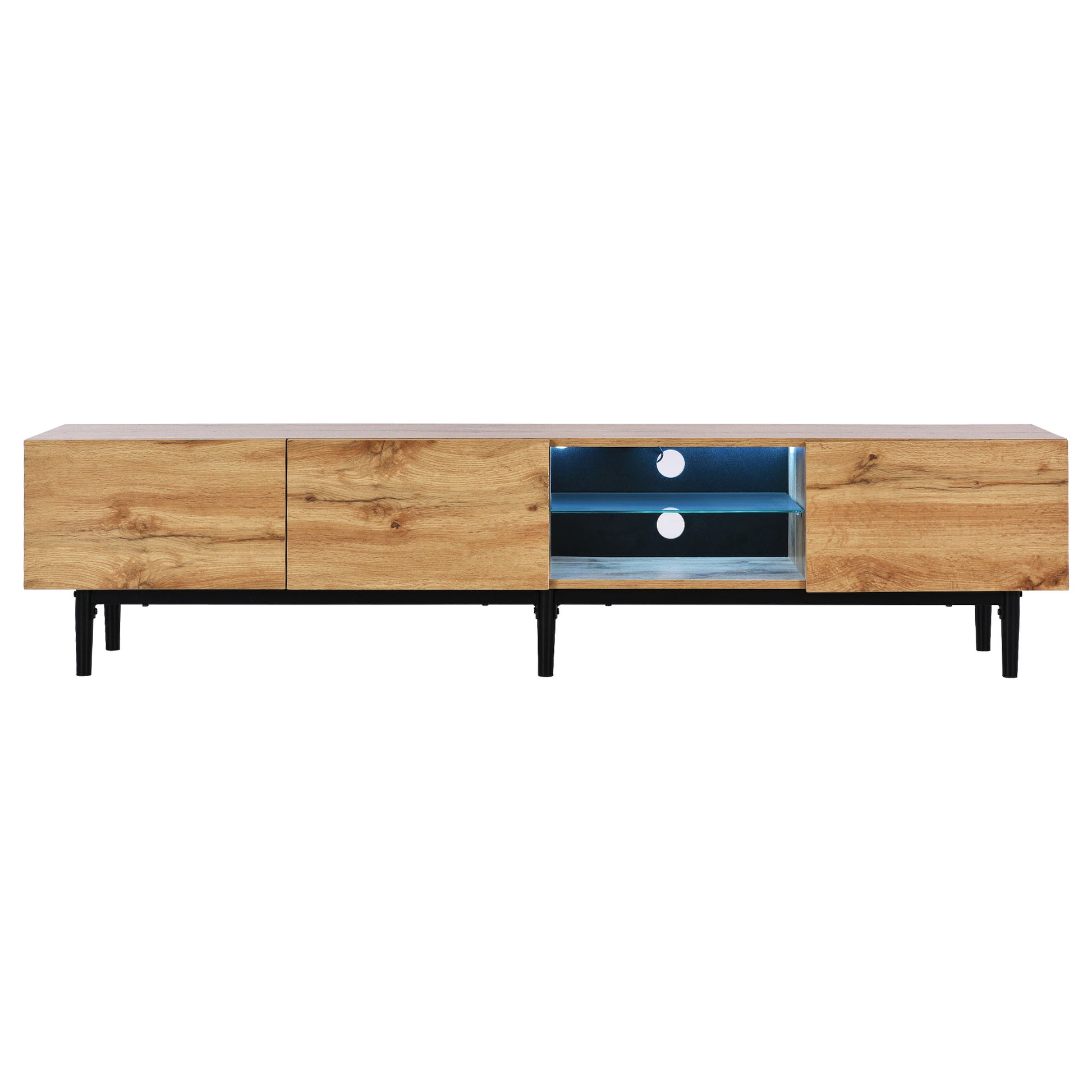 Light oak media console with black metal legs and open shelving with blue LED lights