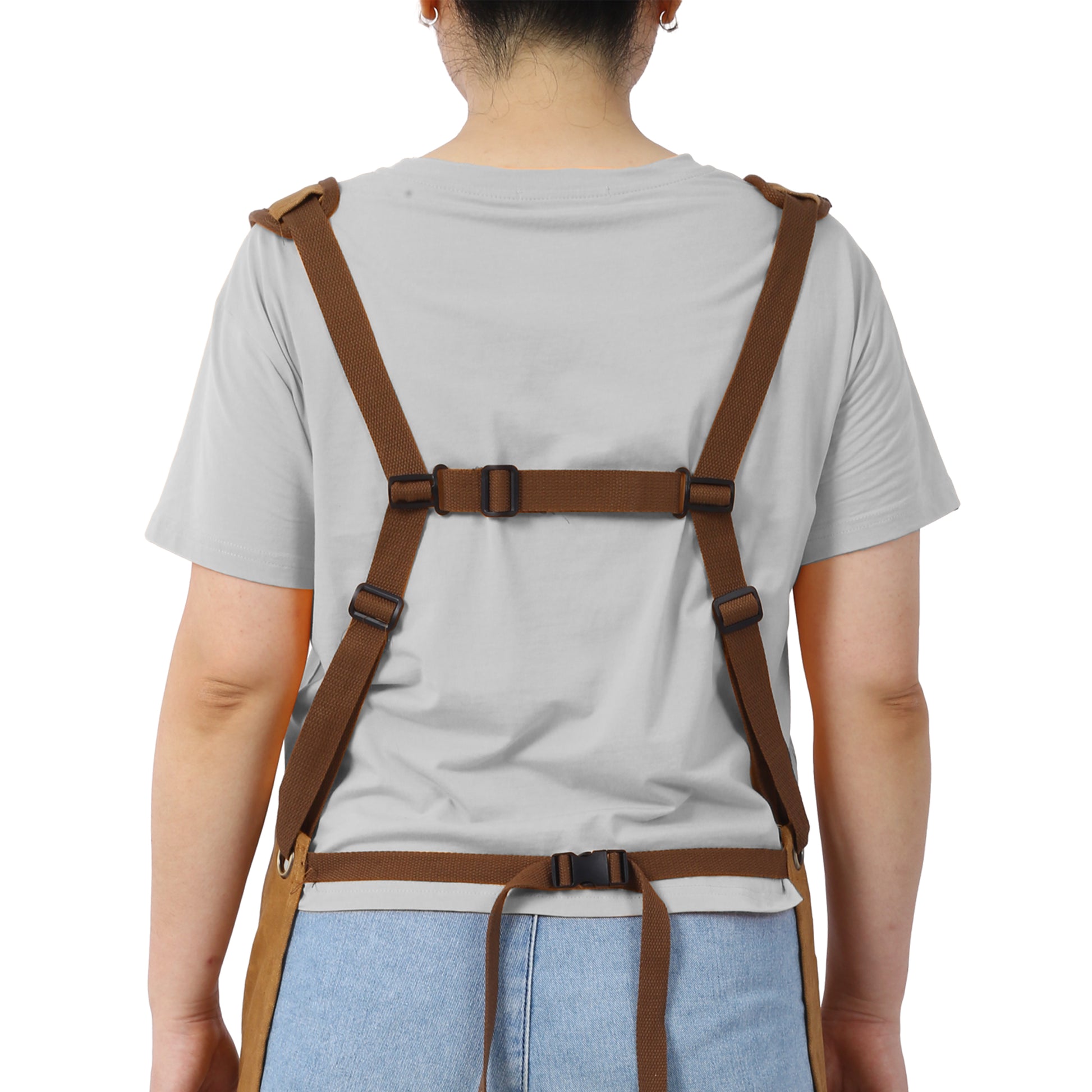 Brown canvas crossback apron straps with adjustable buckles for secure fit