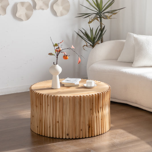 Round wooden coffee table with vertical slats natural finish modern design