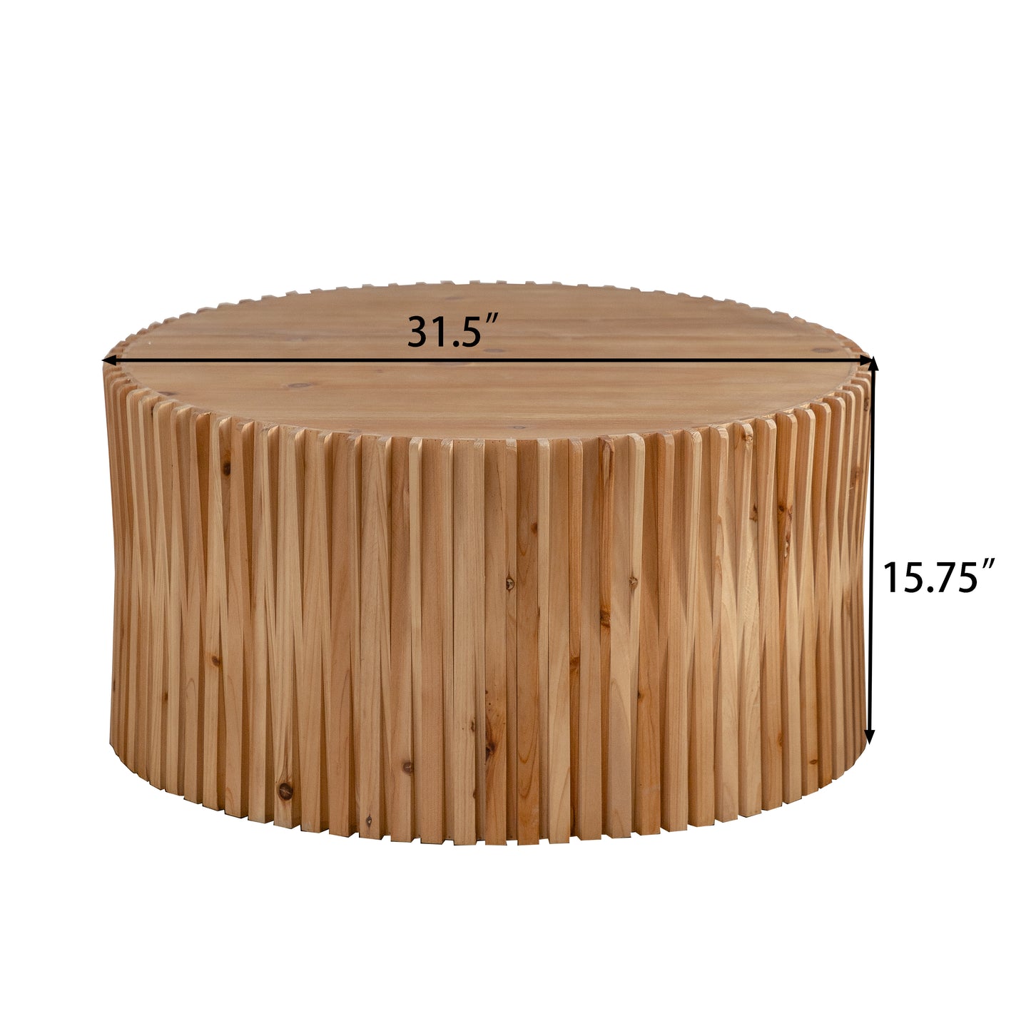 Round natural wood coffee table with fluted sides and textured top