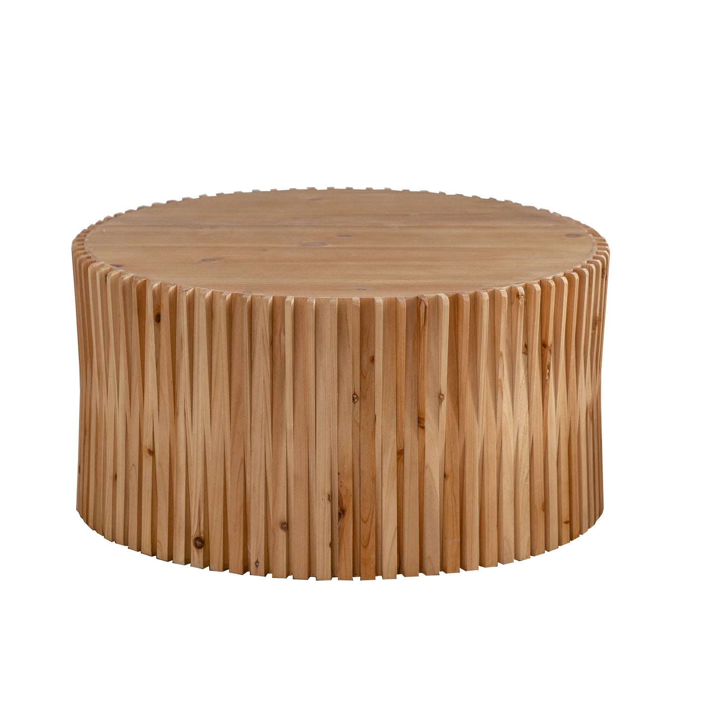 Round wooden coffee table with fluted sides and a natural finish