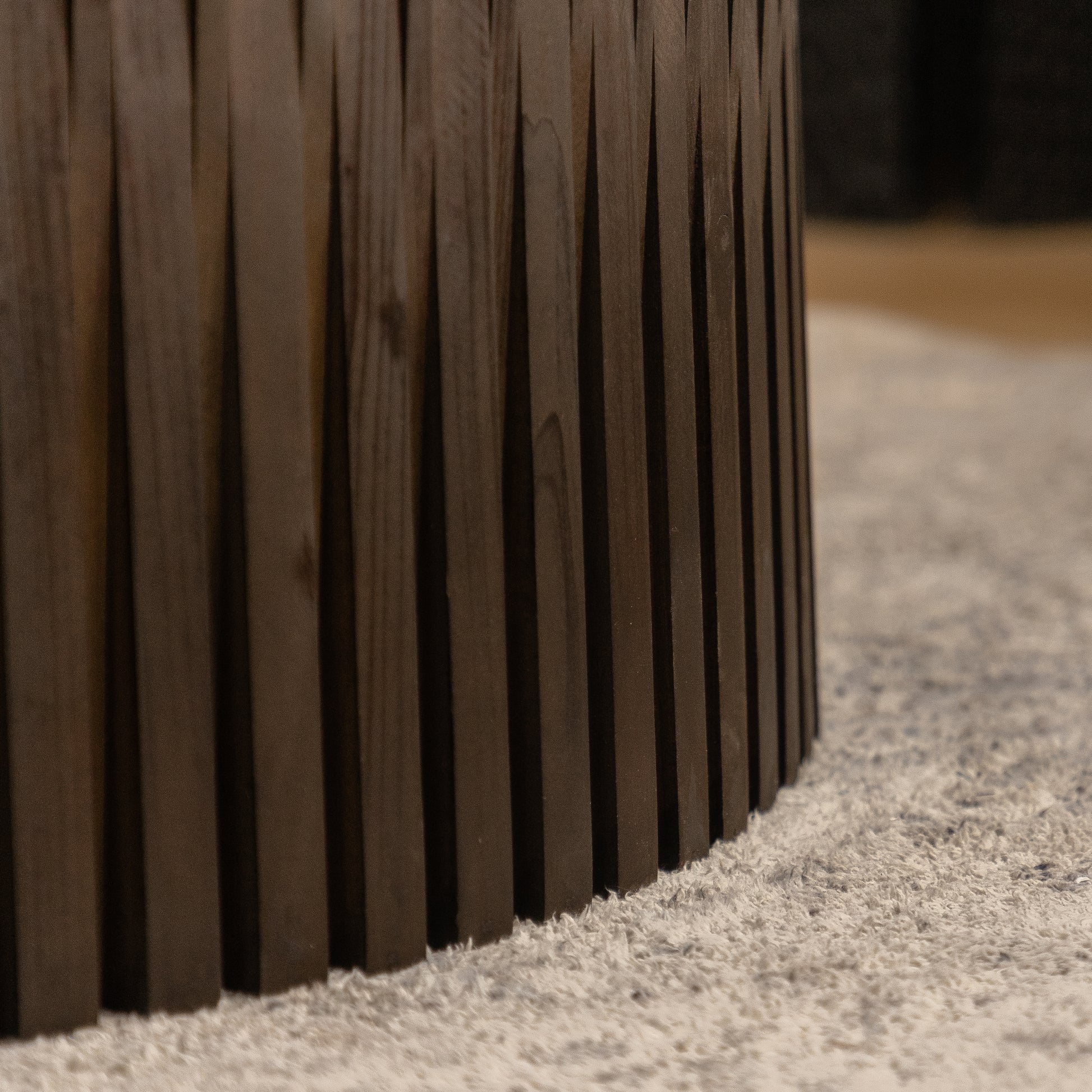 Dark wood textured cylindrical base with vertical slats perfect for accent tables