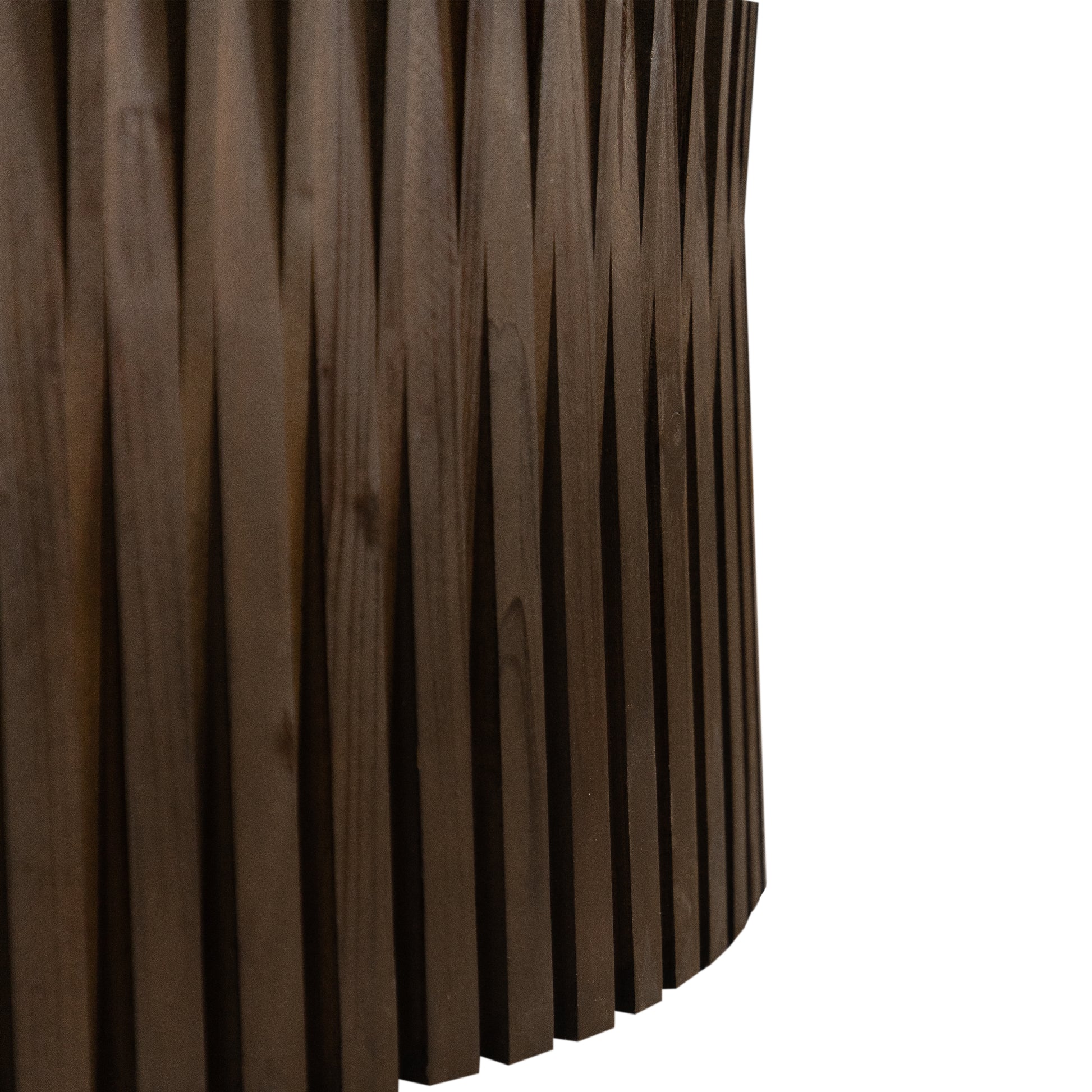 Dark brown wooden textured side table with carved vertical panels