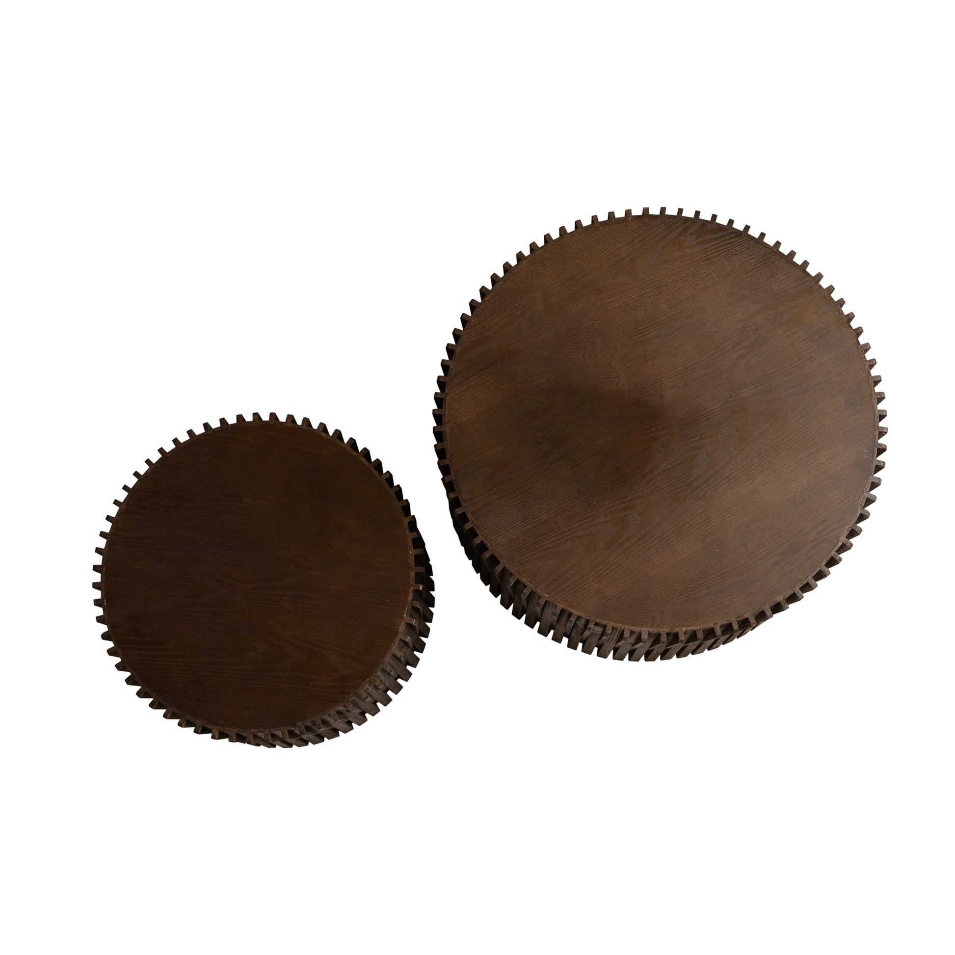Round dark wood coffee table with gearlike edges