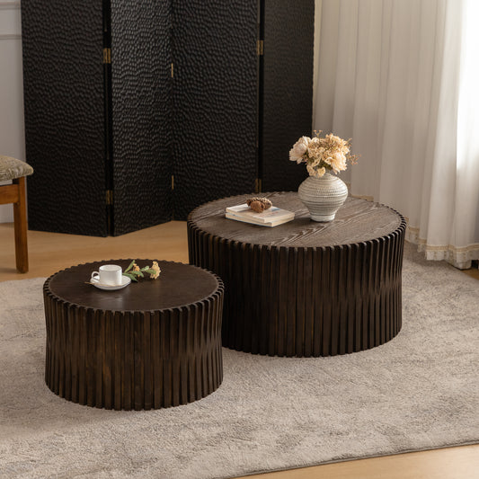 Round dark wood coffee table with fluted base design modern living room accent