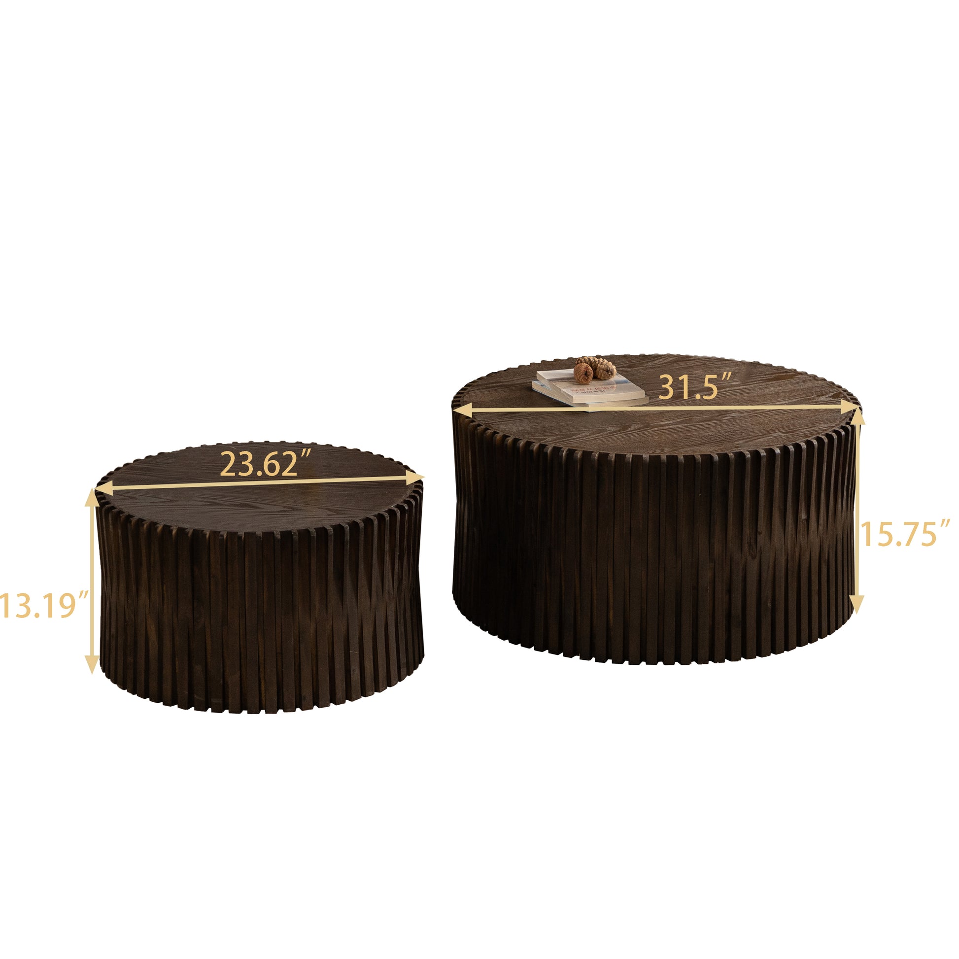 Set of two dark wood cylindrical coffee tables with ribbed detailing