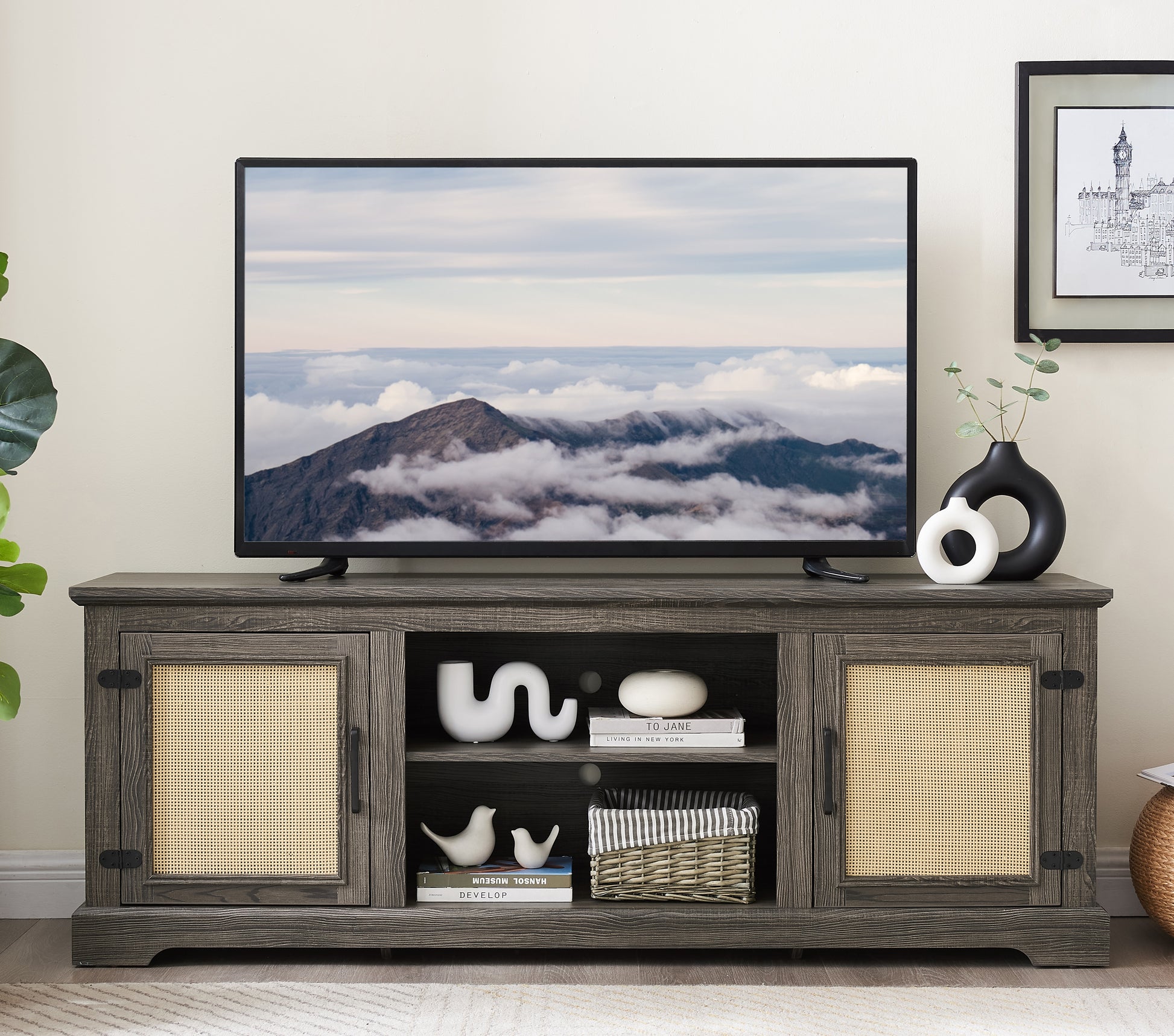 Dark gray wood TV stand with cane cabinet doors and modern decor