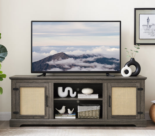 Dark gray wood TV stand with cane cabinet doors and modern decor
