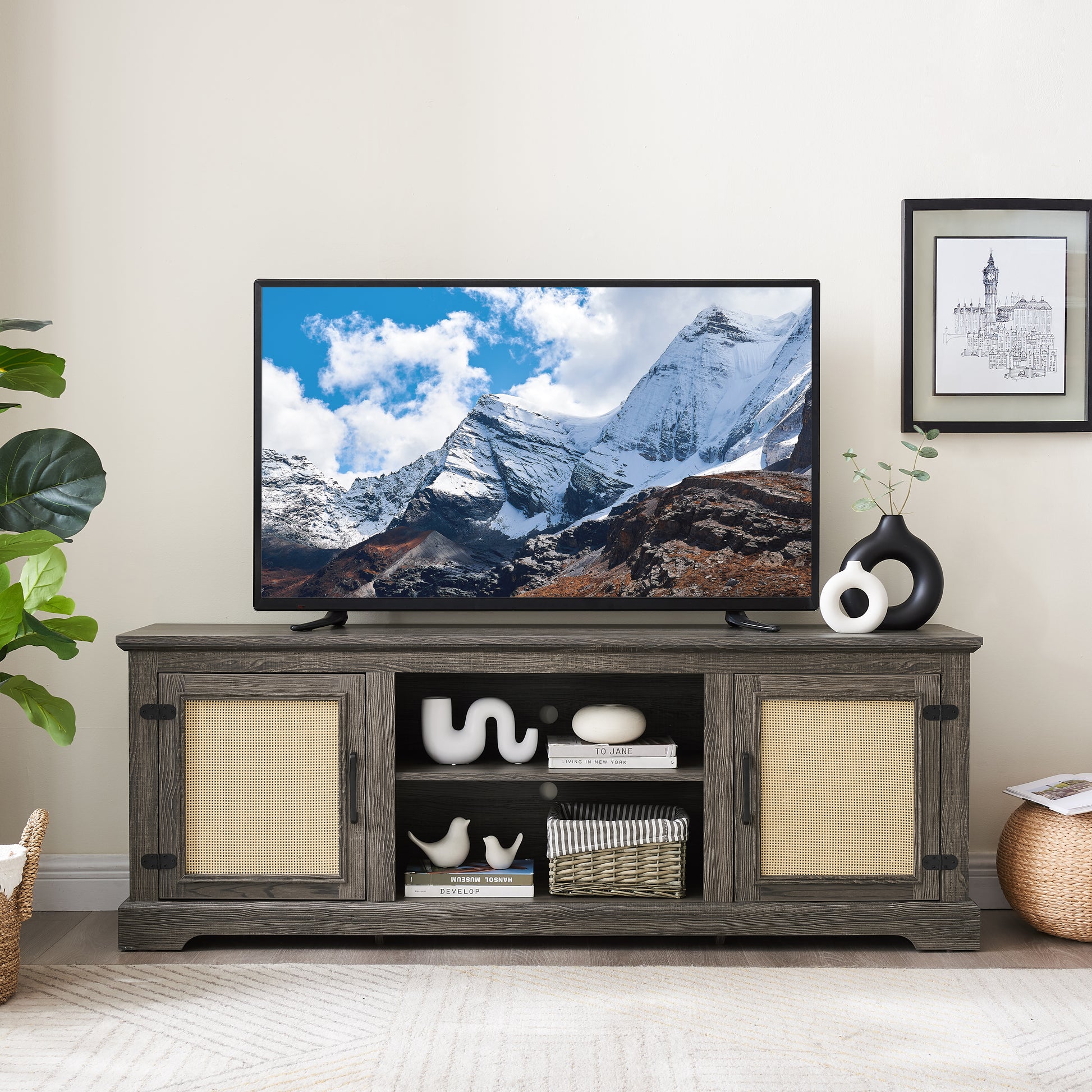 Dark wood tv stand with canepaneled doors and modern decor