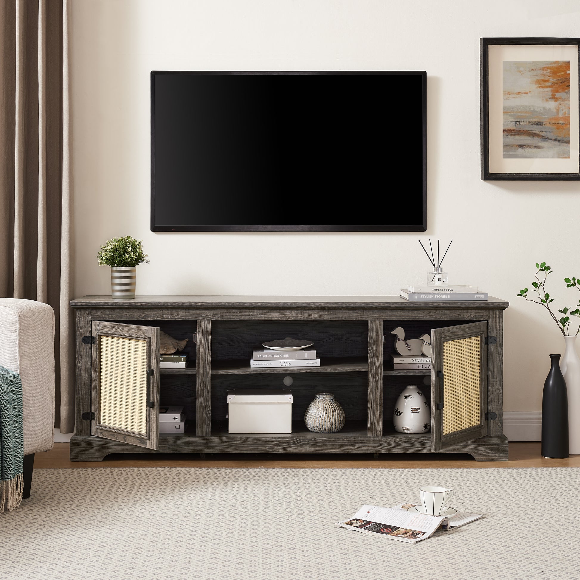 Gray wash wood TV stand with cane doors perfect for media storage
