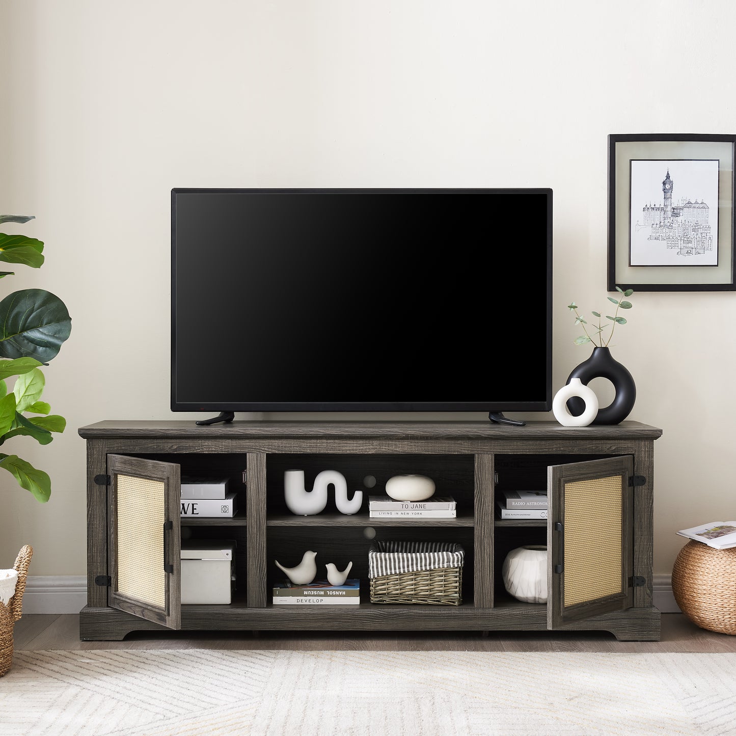 Rustic gray wood TV stand with caneinlaid cabinet doors perfect for media consoles