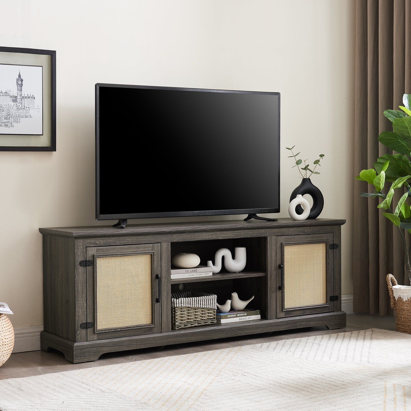 Rustic grey wash TV stand with rattan cabinet doors and open shelving