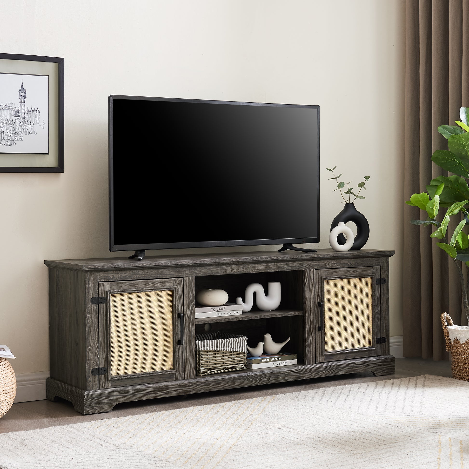 Rustic grey wash TV stand with rattan cabinet doors and open shelving