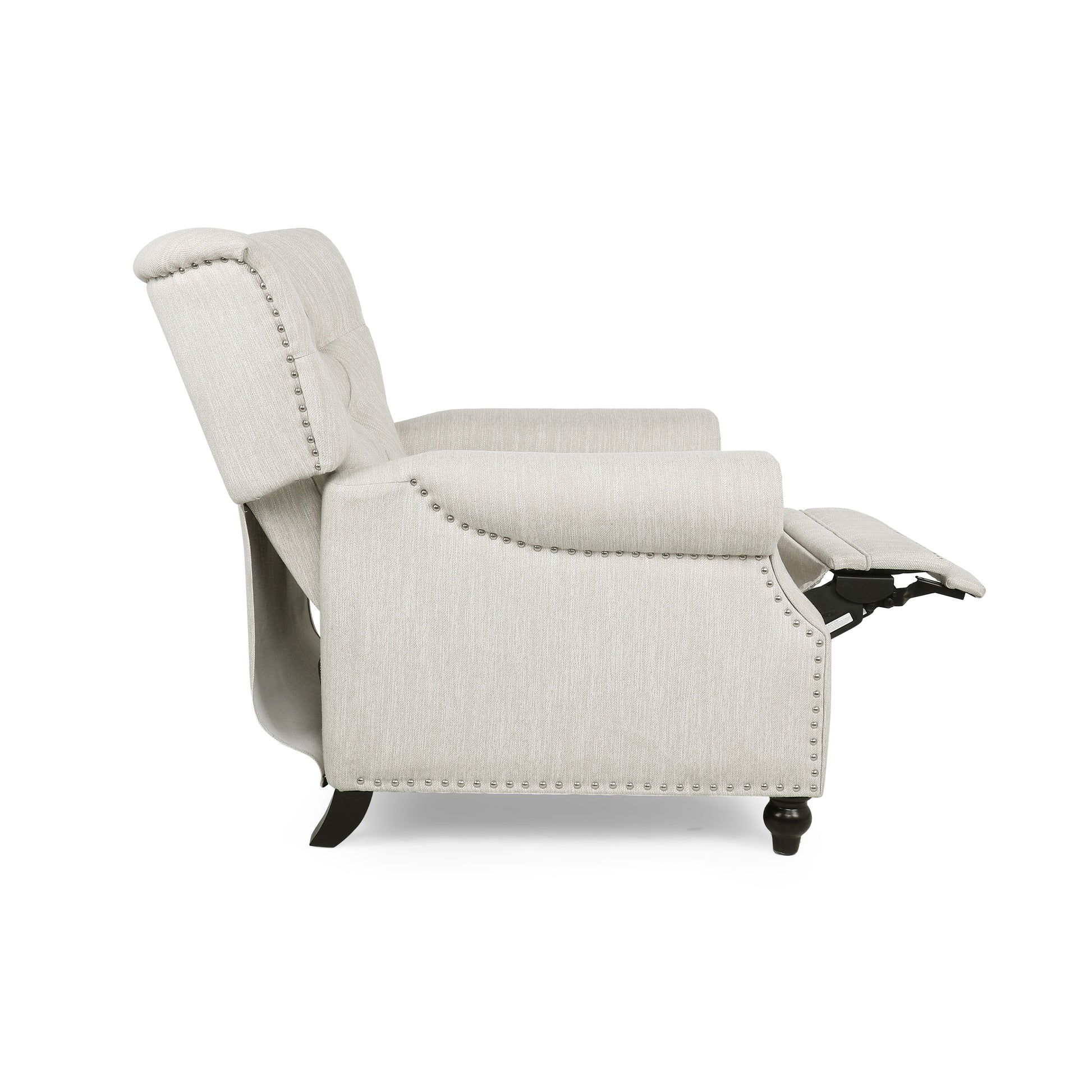 Cream fabric recliner chair with silver nailhead trim and extended footrest