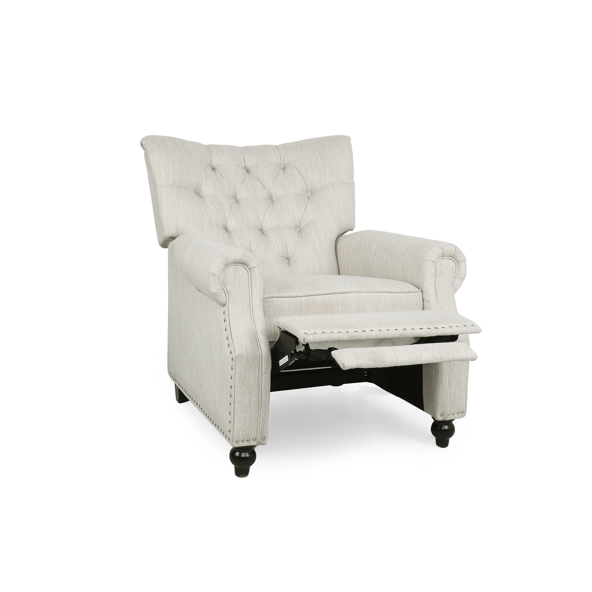 Light beige upholstered recliner chair with tufted back and studded trim