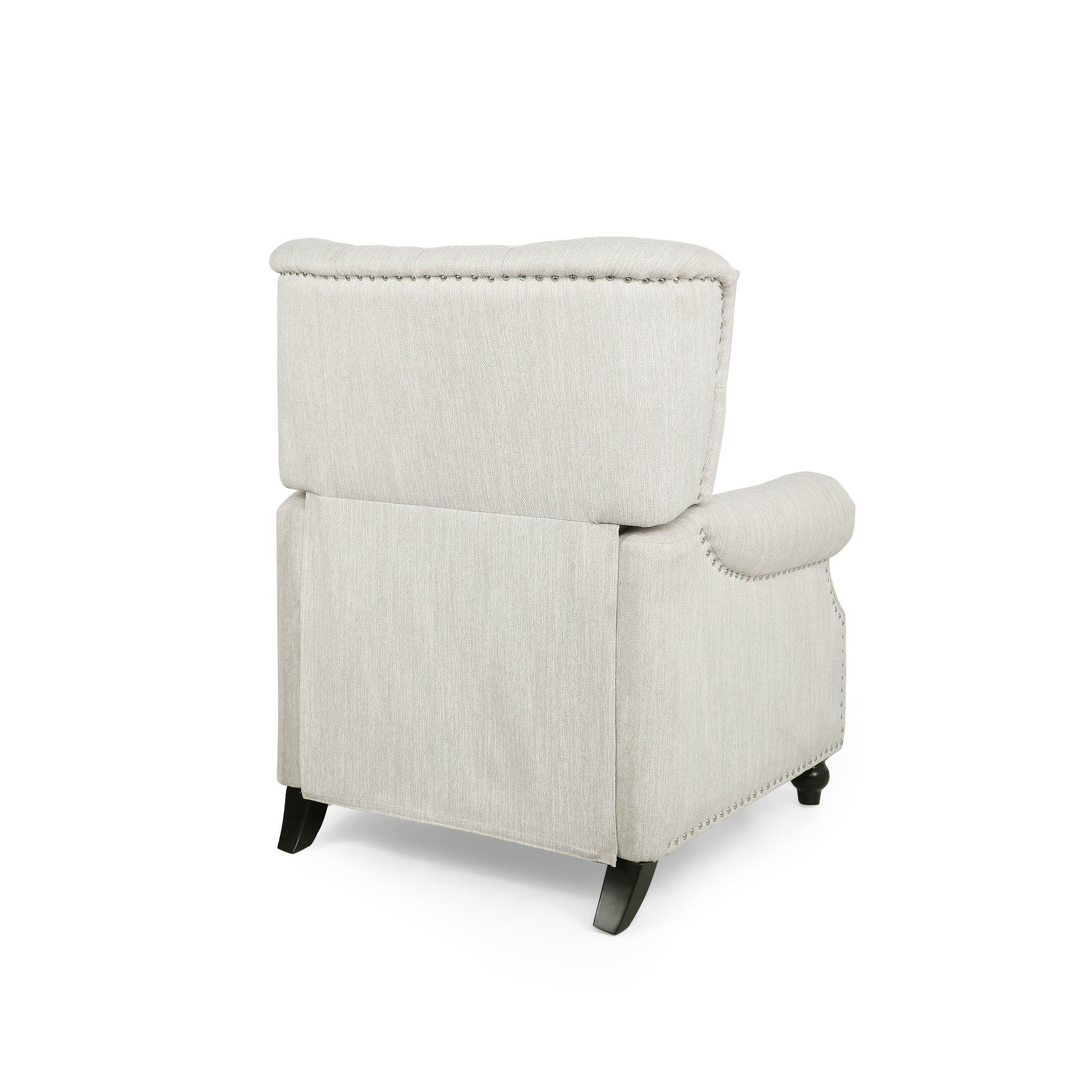 Light beige upholstered recliner chair with nailhead trim and dark wooden legs