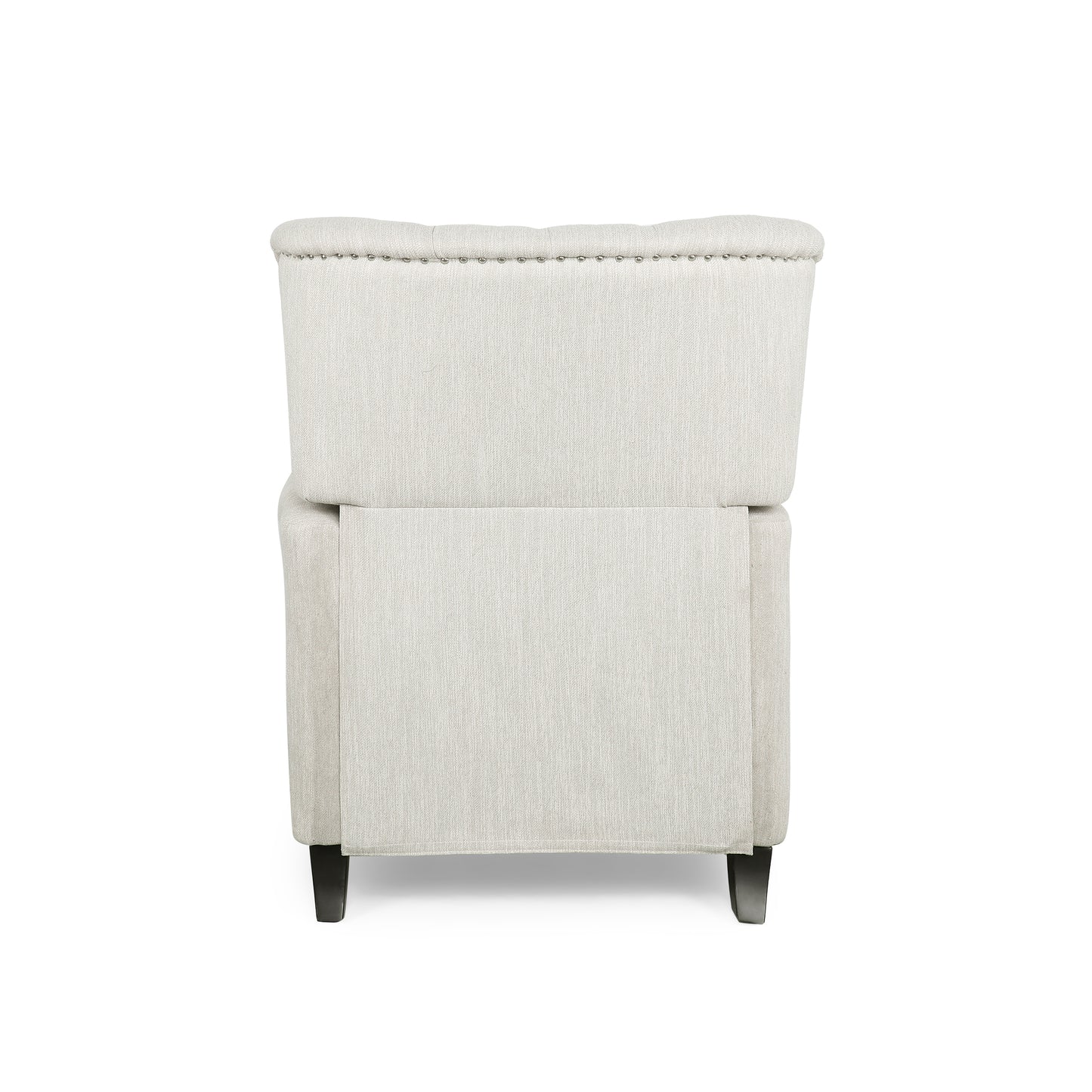 Back view of a tufted beige fabric recliner with silver nailhead trim and dark wood legs