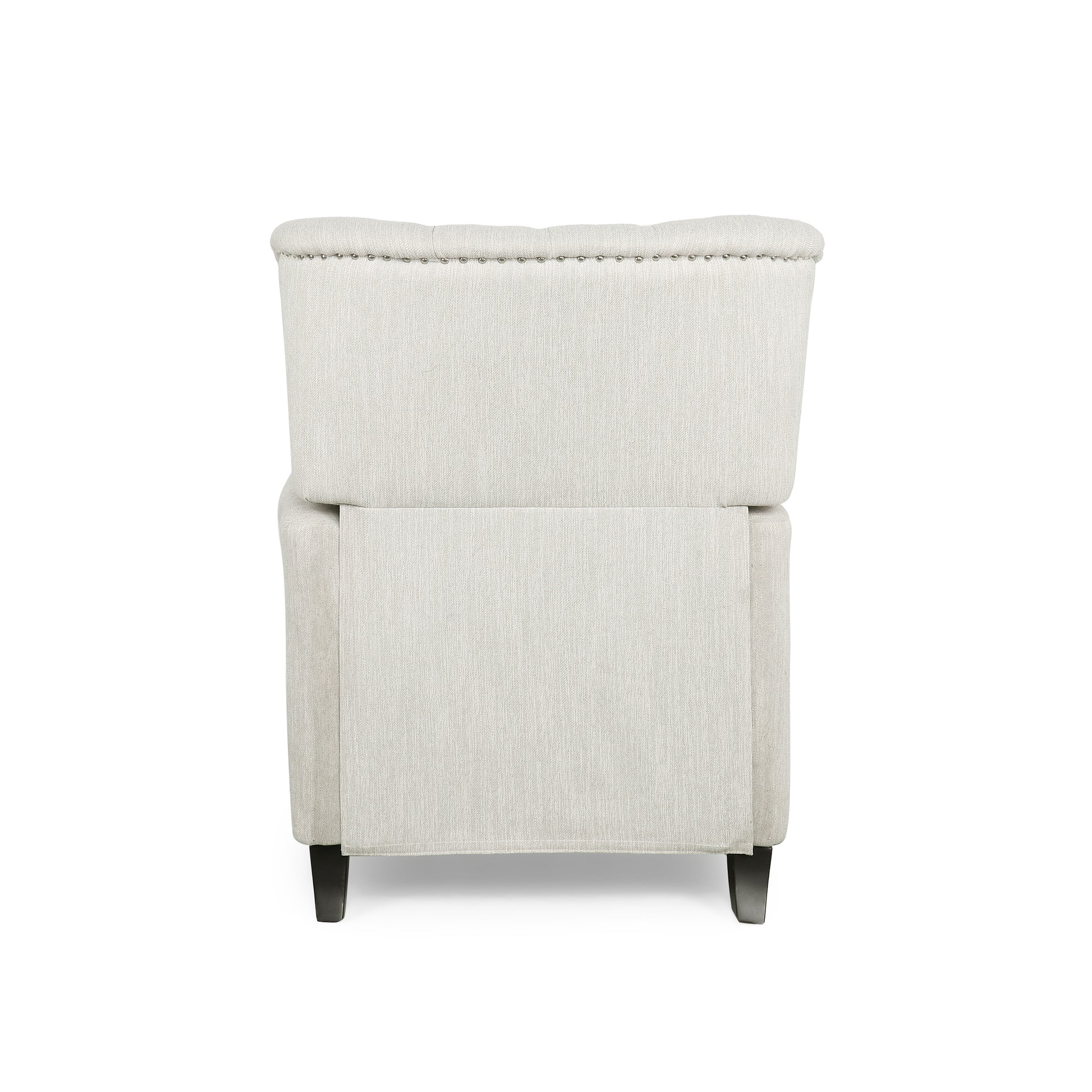 Back view of a tufted beige fabric recliner with silver nailhead trim and dark wood legs