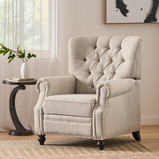 Tufted beige fabric recliner chair with nailhead trim accents