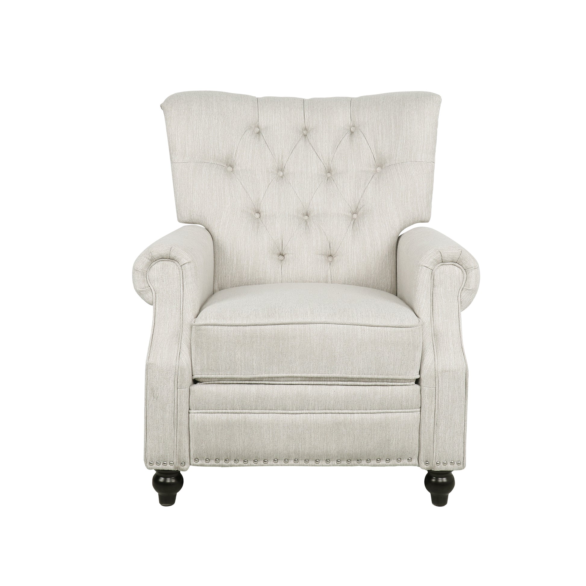 Tufted back linen recliner in a neutral beige fabric with silver nailhead trim