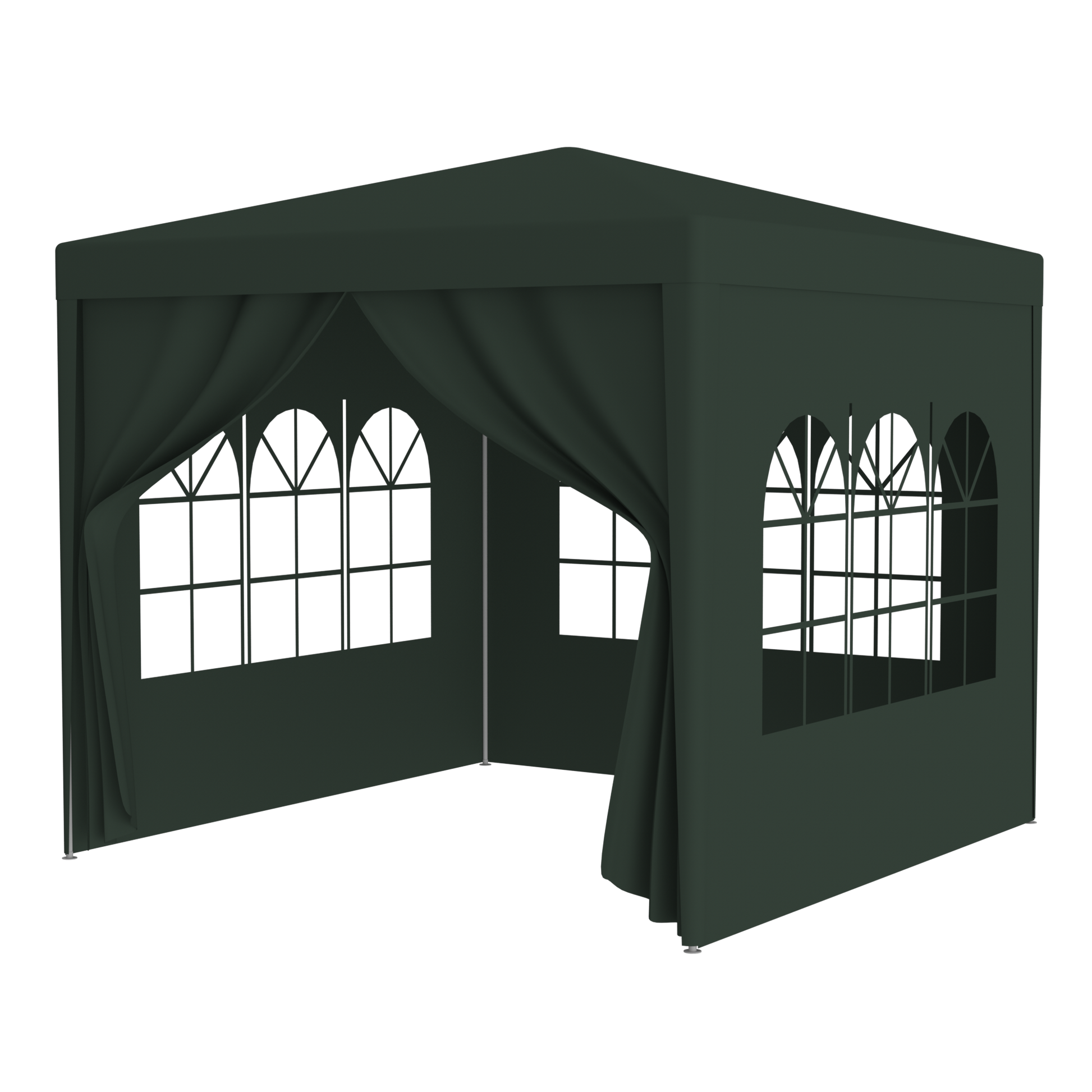 Dark green gazebo with arched windows ideal for outdoor events
