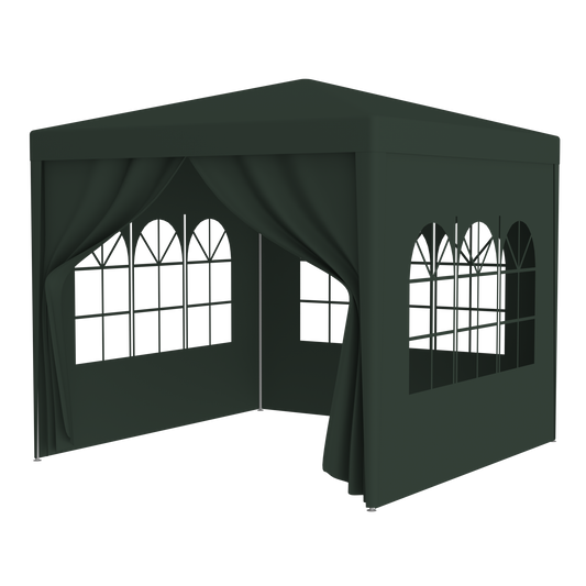 Dark green gazebo with arched windows ideal for outdoor events