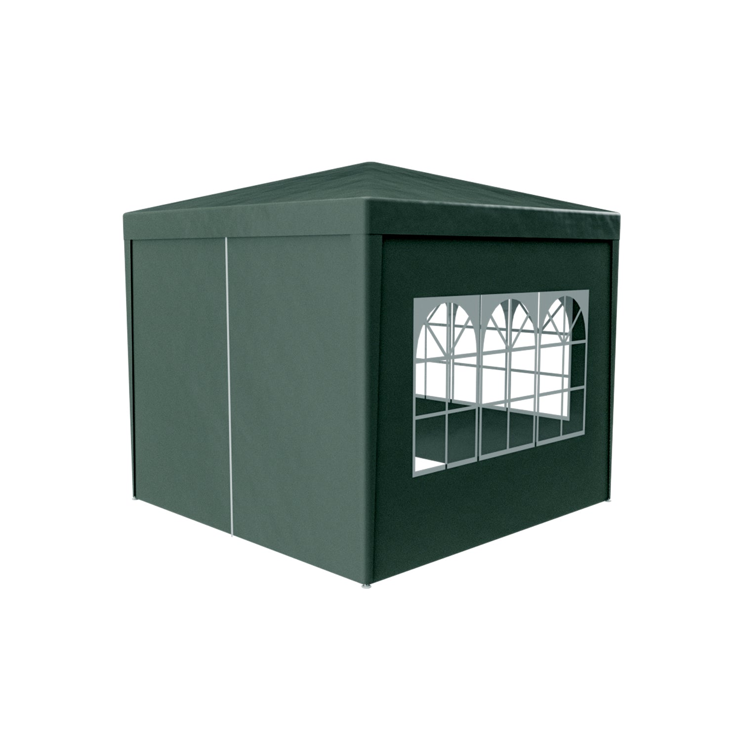 Dark green x meter party tent with arched windows and white piping