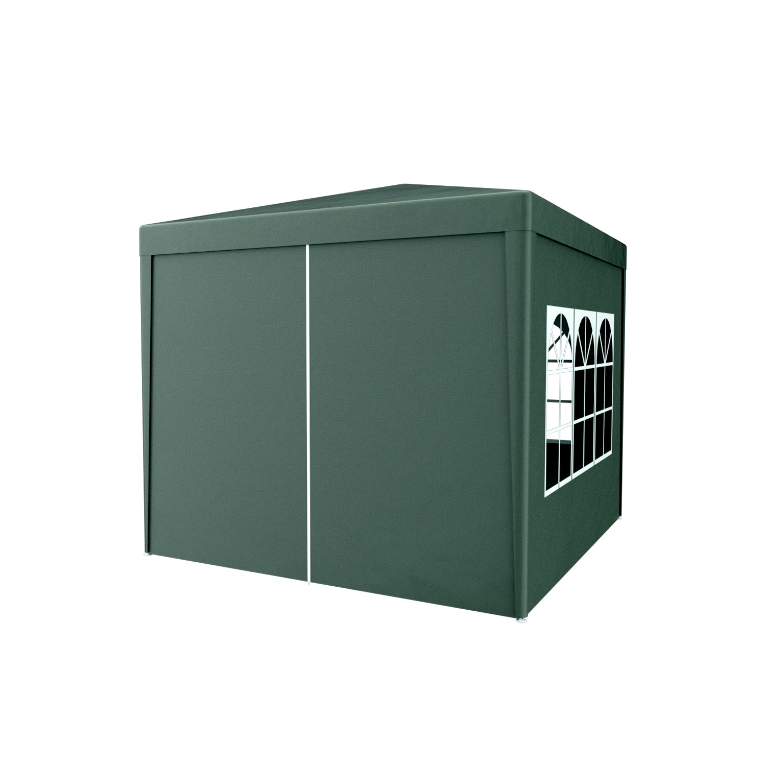 Dark green gazebo tent with white frame windows for outdoor events