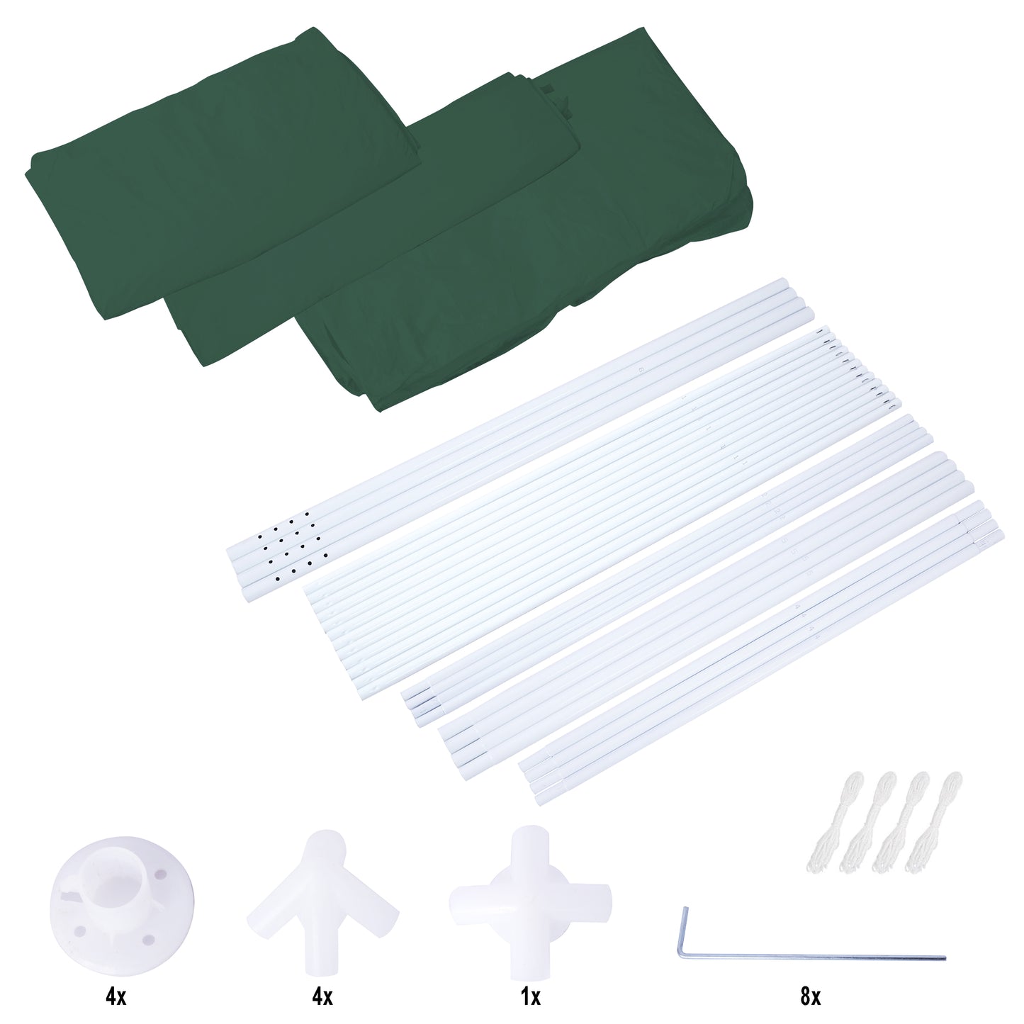 Green tent fabric and white metal poles for a canopy setup