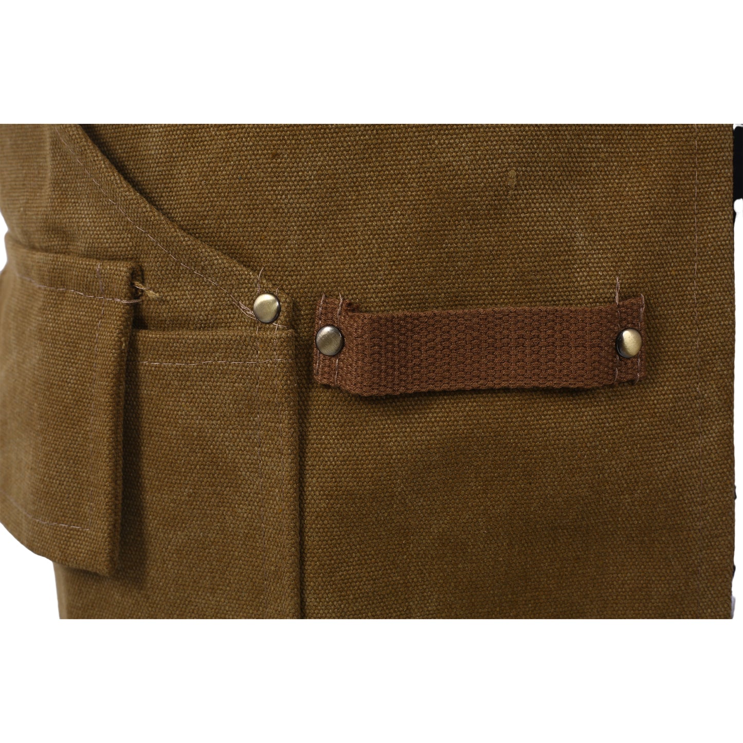 Brown canvas utility apron with metal snaps and woven strap