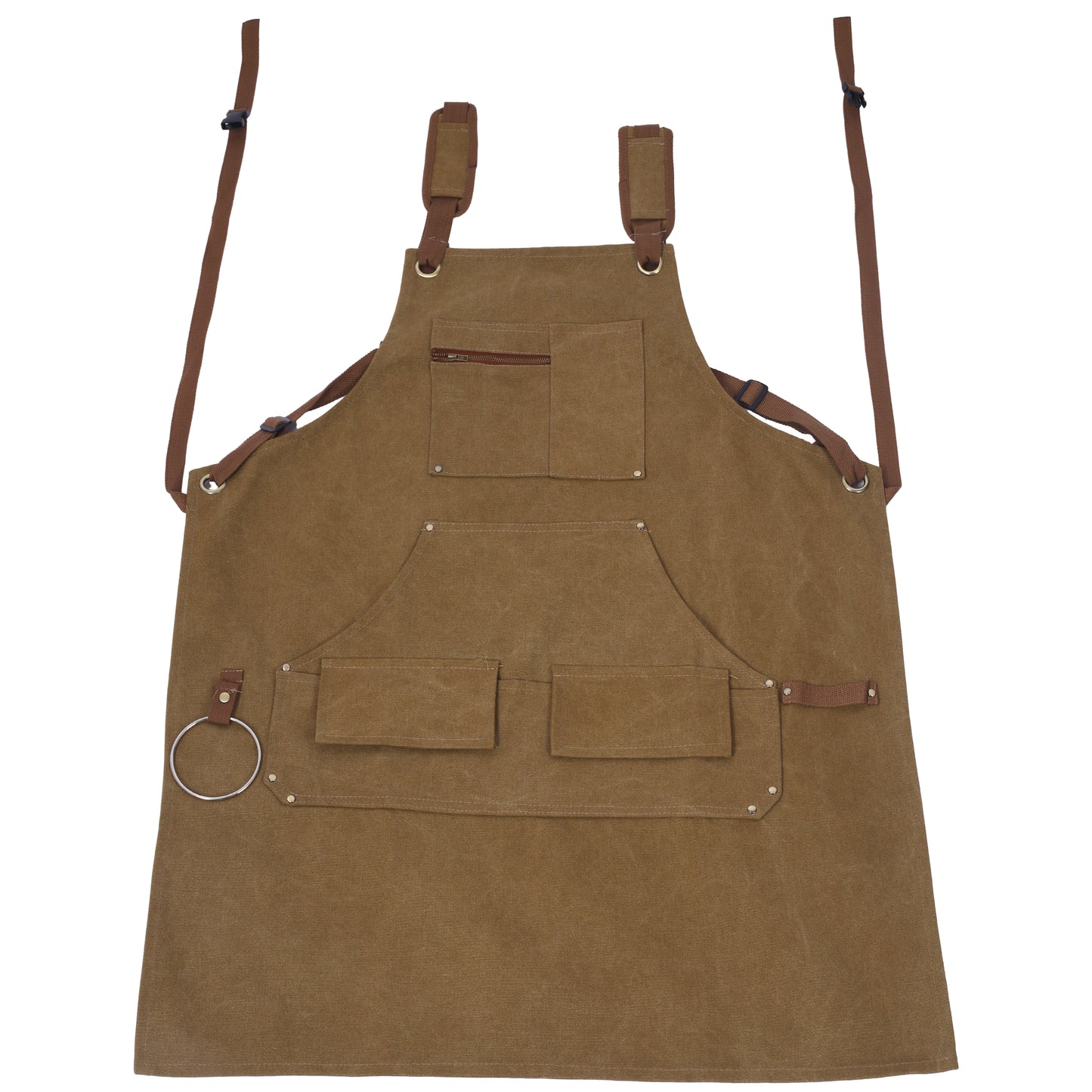 Brown canvas work apron with multiple pockets adjustable straps and a zippered chest pocket for tool storage