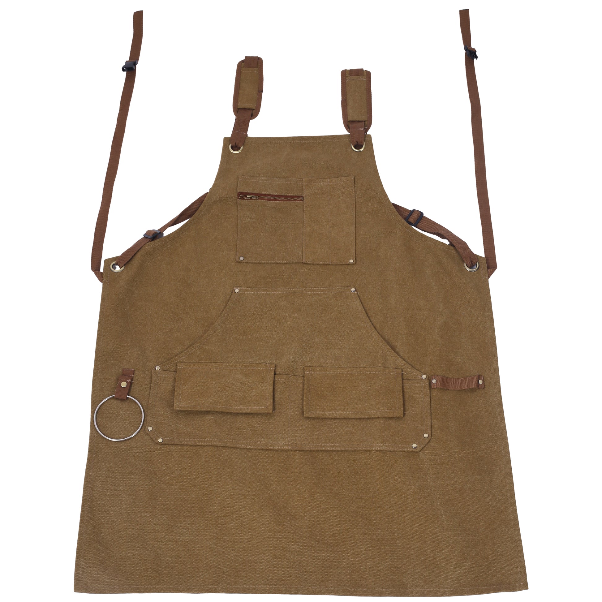 Brown canvas work apron with multiple pockets adjustable straps and a zippered chest pocket for tool storage