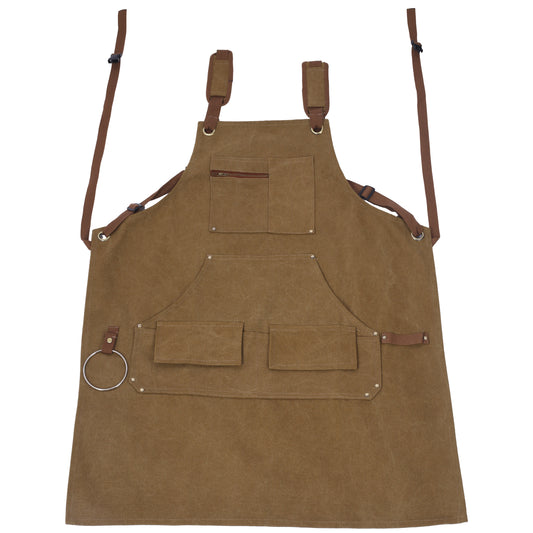 Brown canvas work apron with multiple pockets adjustable straps and a zippered chest pocket for tool storage