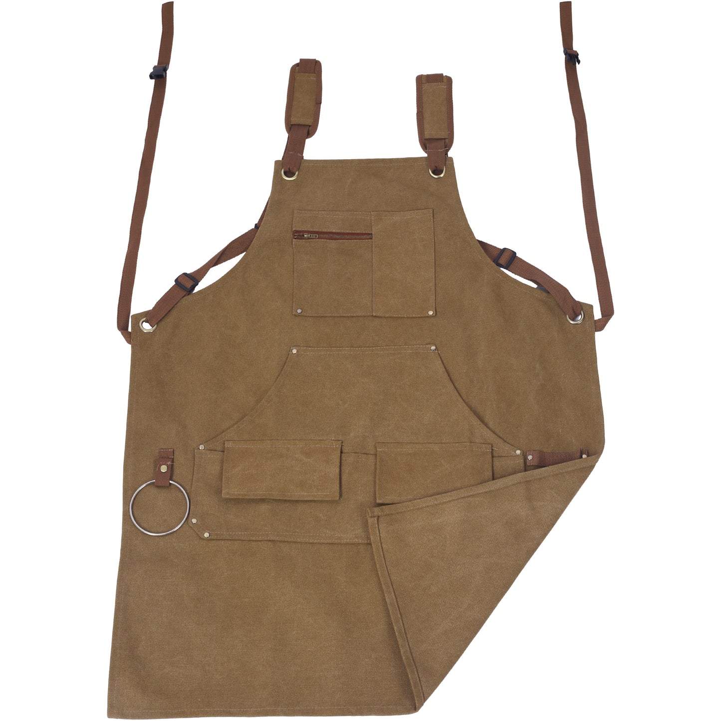 Brown canvas barber apron with adjustable straps and multiple pockets
