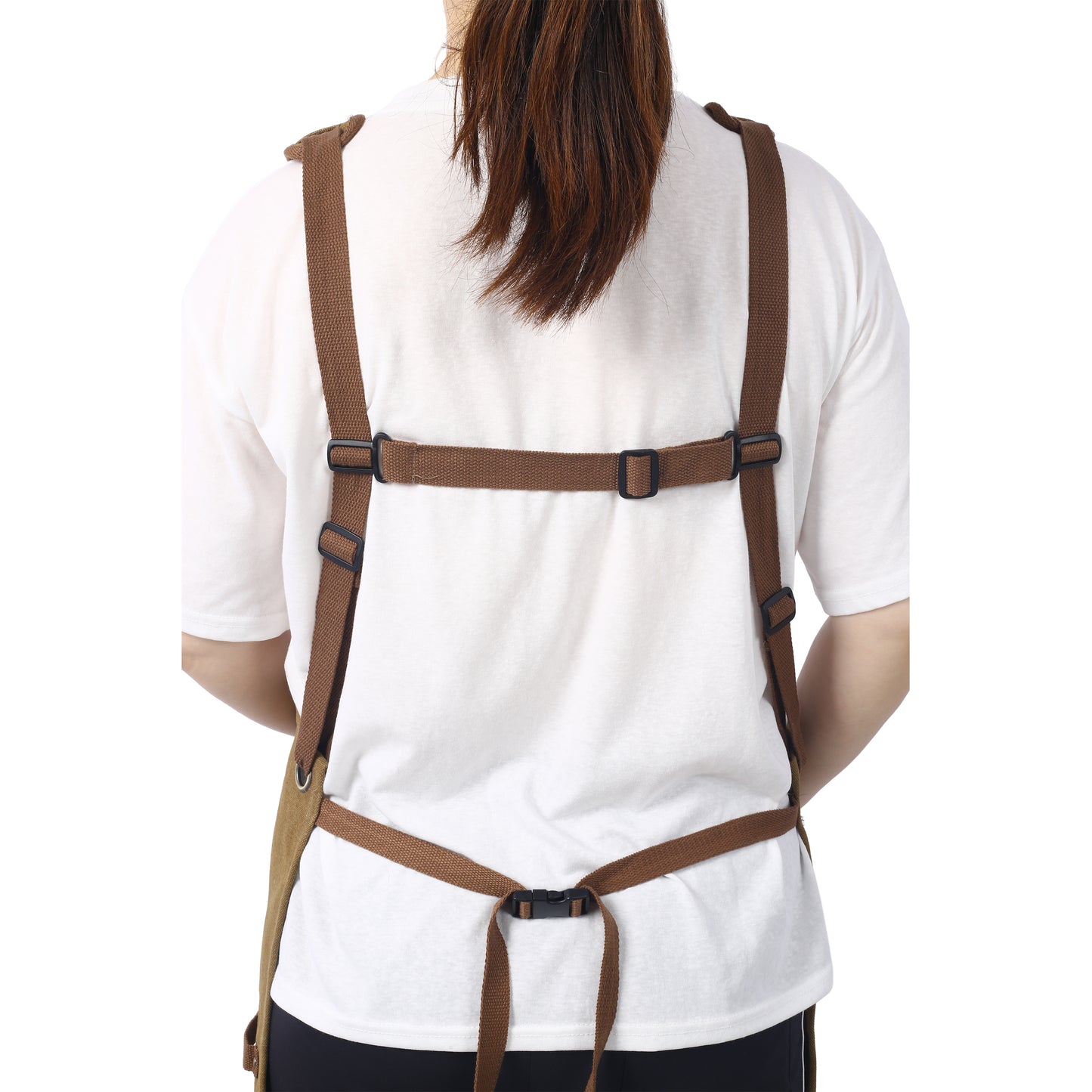 Brown canvas apron with adjustable straps and black buckles for a secure fit