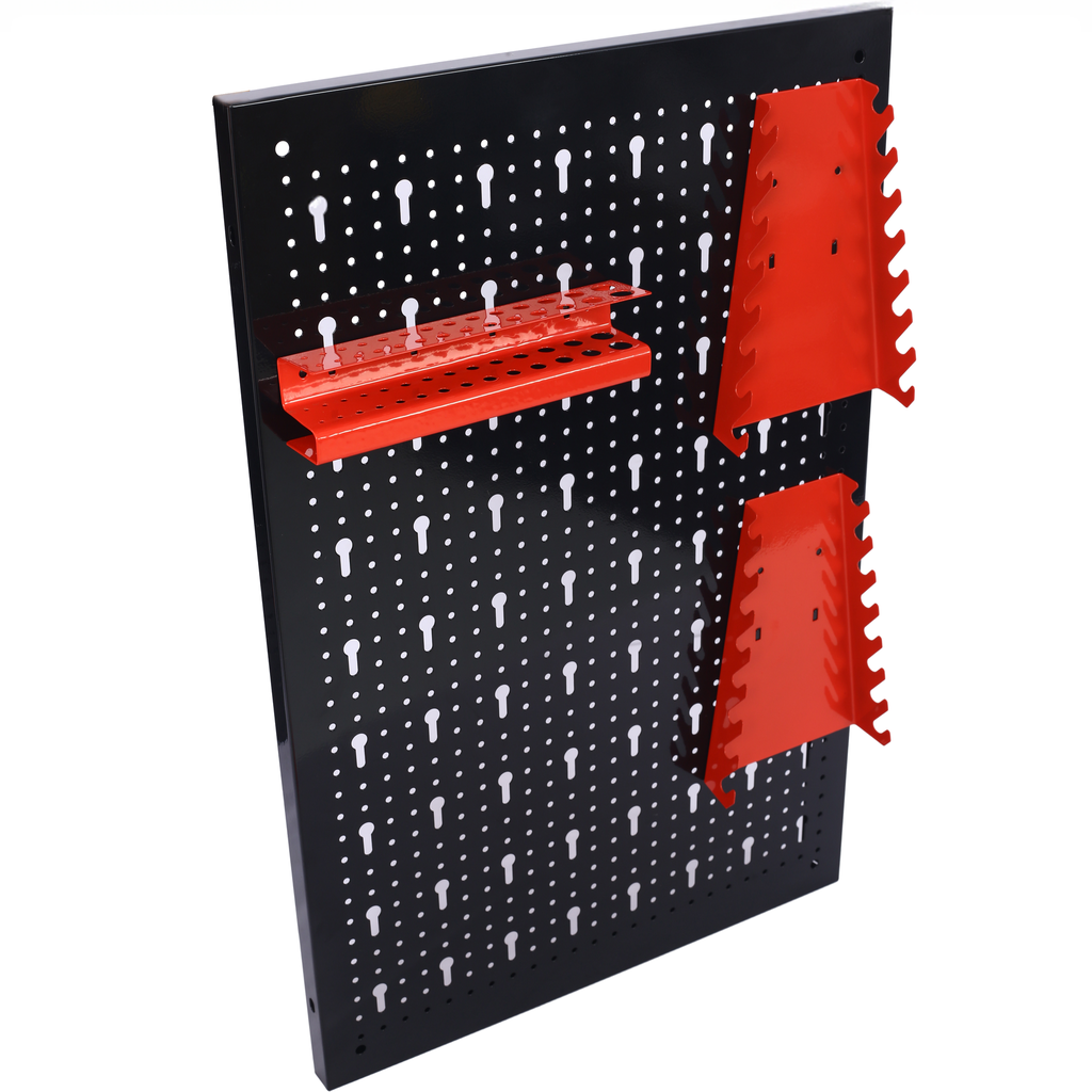 Black pegboard with red wrench rack and tool holder for garage organization