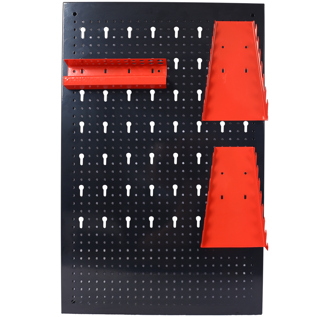 Black pegboard with two red tool holders and one red shelf for organization
