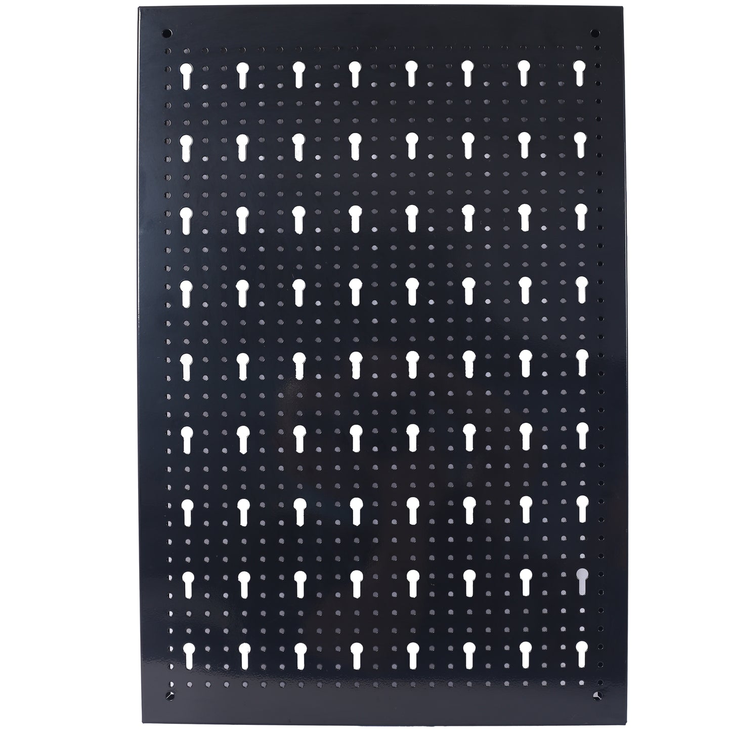 Black metal pegboard with keyhole slots for tool organization and storage in workshops