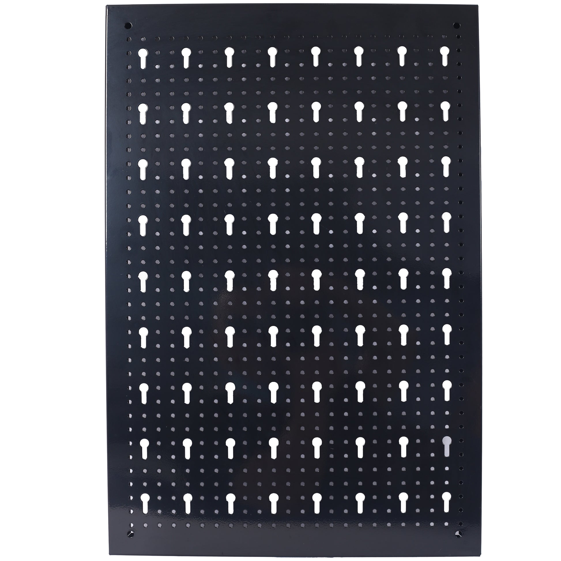 Black metal pegboard with keyhole slots for tool organization and storage in workshops