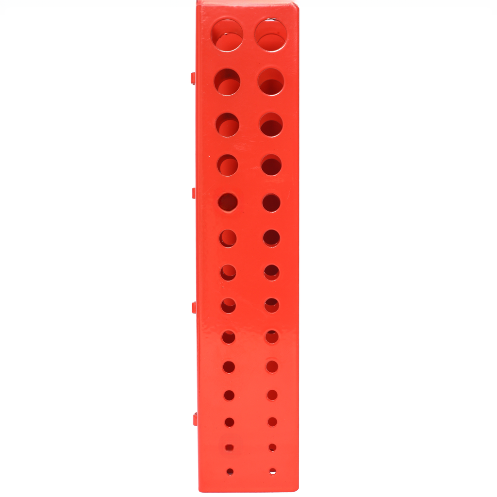 Red metal drill bit organizer with multiple sized holes for efficient tool storage