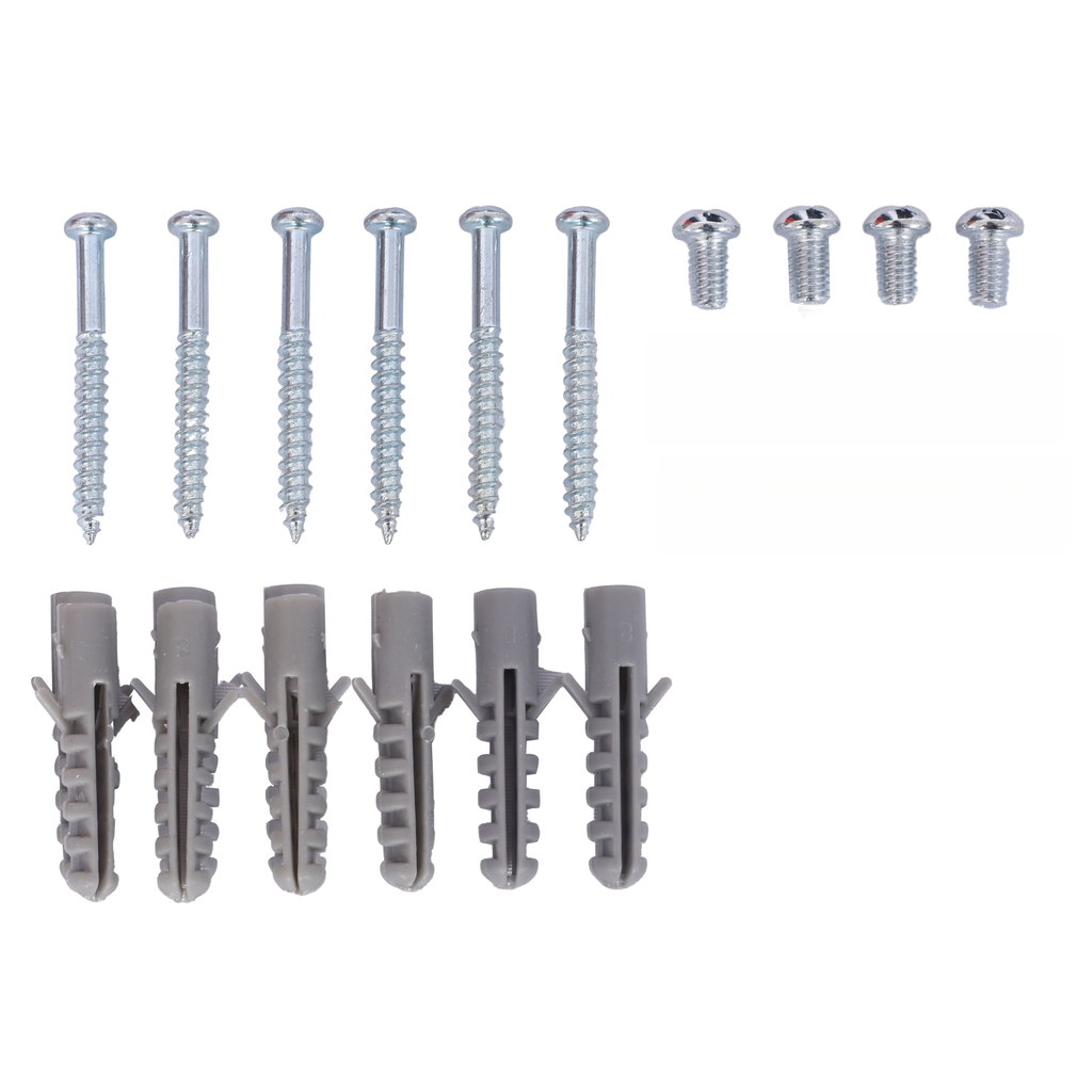 Six silver metal screws and six grey plastic wall anchors for home repairs