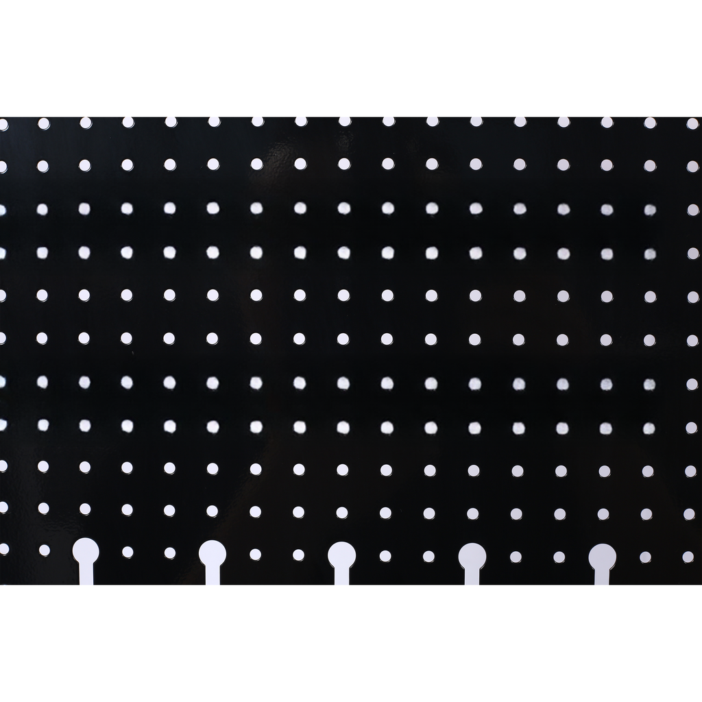 Black pegboard with evenly spaced white dots ideal for tool organization