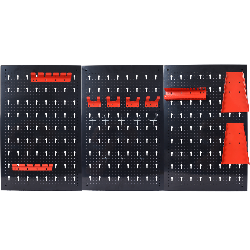 Black pegboard with red tool holders for organized garage storage