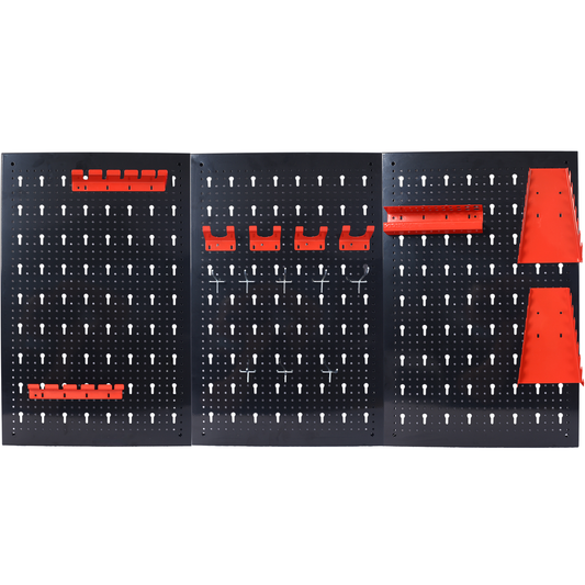 Black pegboard with red tool holders for organized garage storage