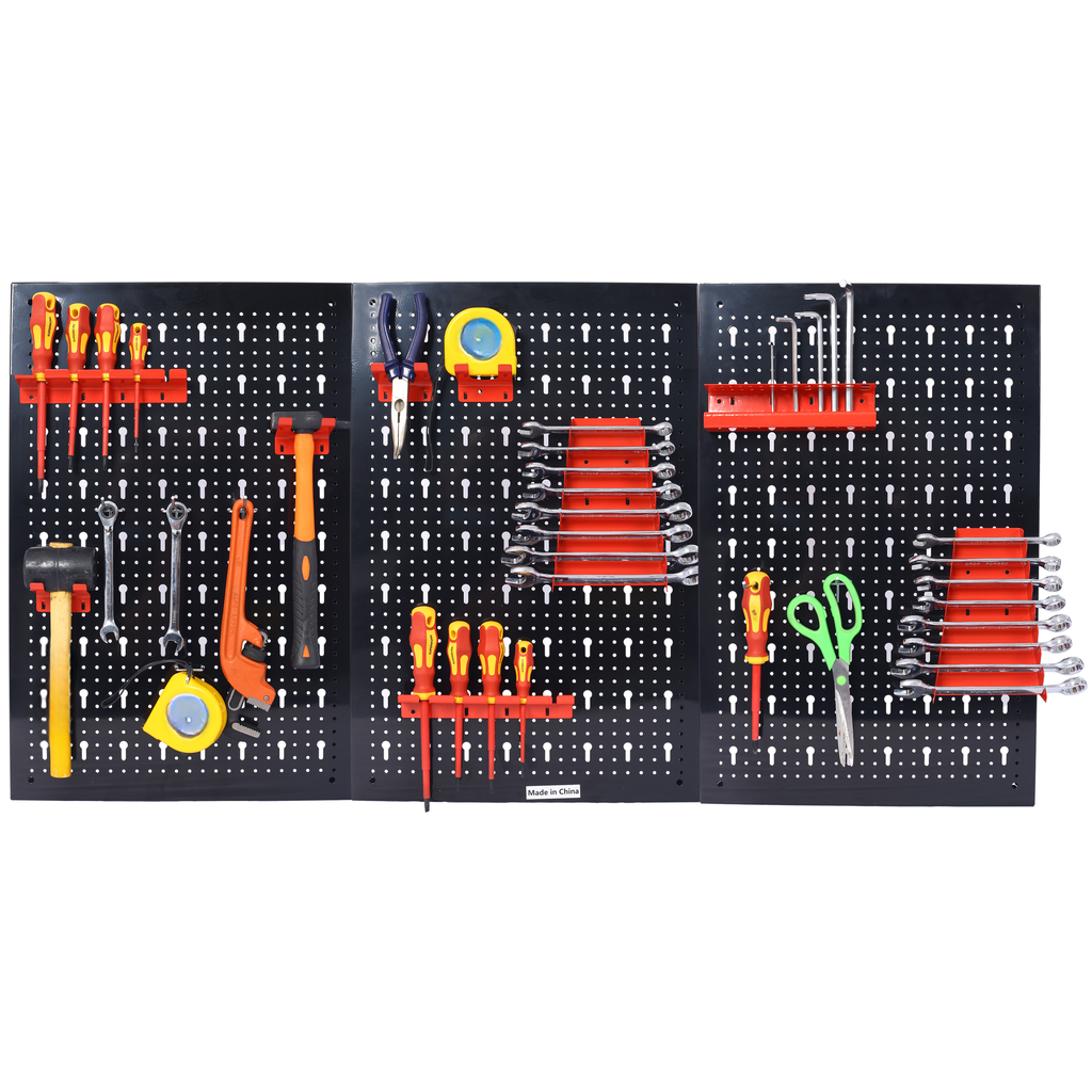 Black pegboard organizer showcasing a variety of screwdrivers pliers and wrenches