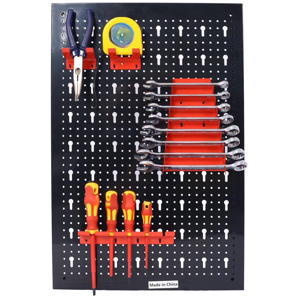 Black pegboard tool organizer displaying a wrench set screwdrivers and pliers